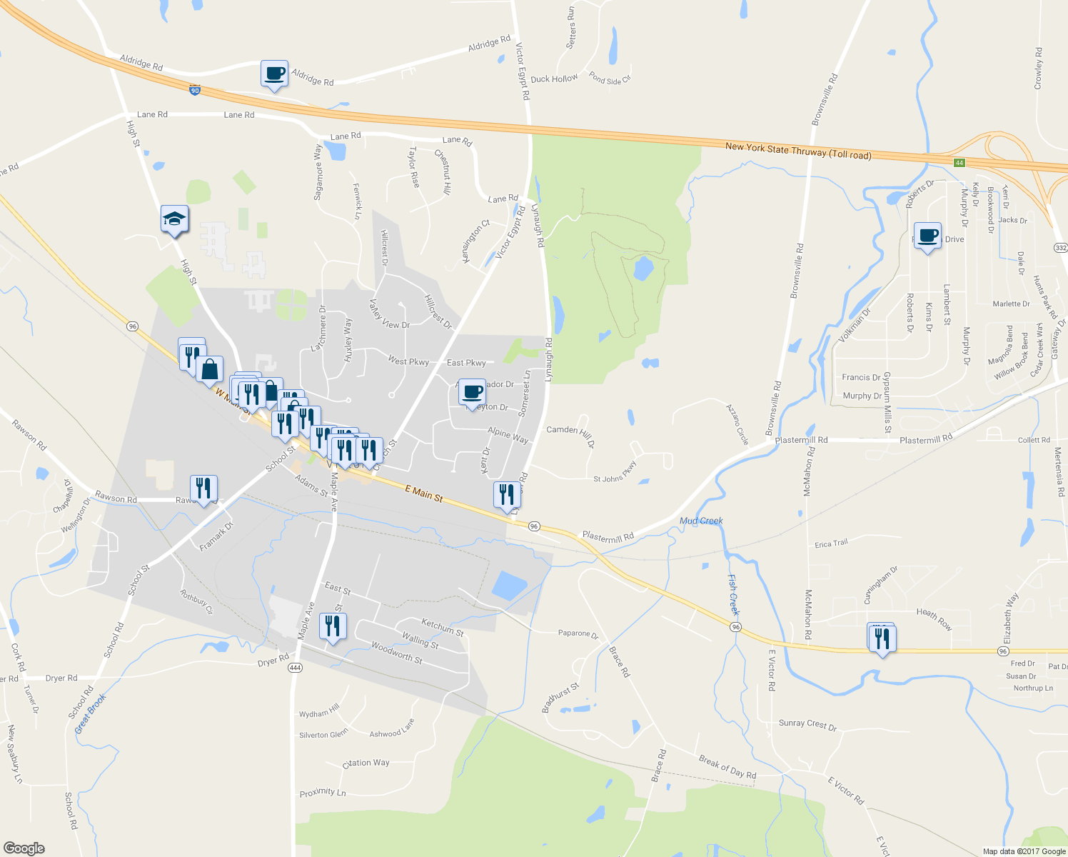map of restaurants, bars, coffee shops, grocery stores, and more near 25 Lynaugh Road in Victor