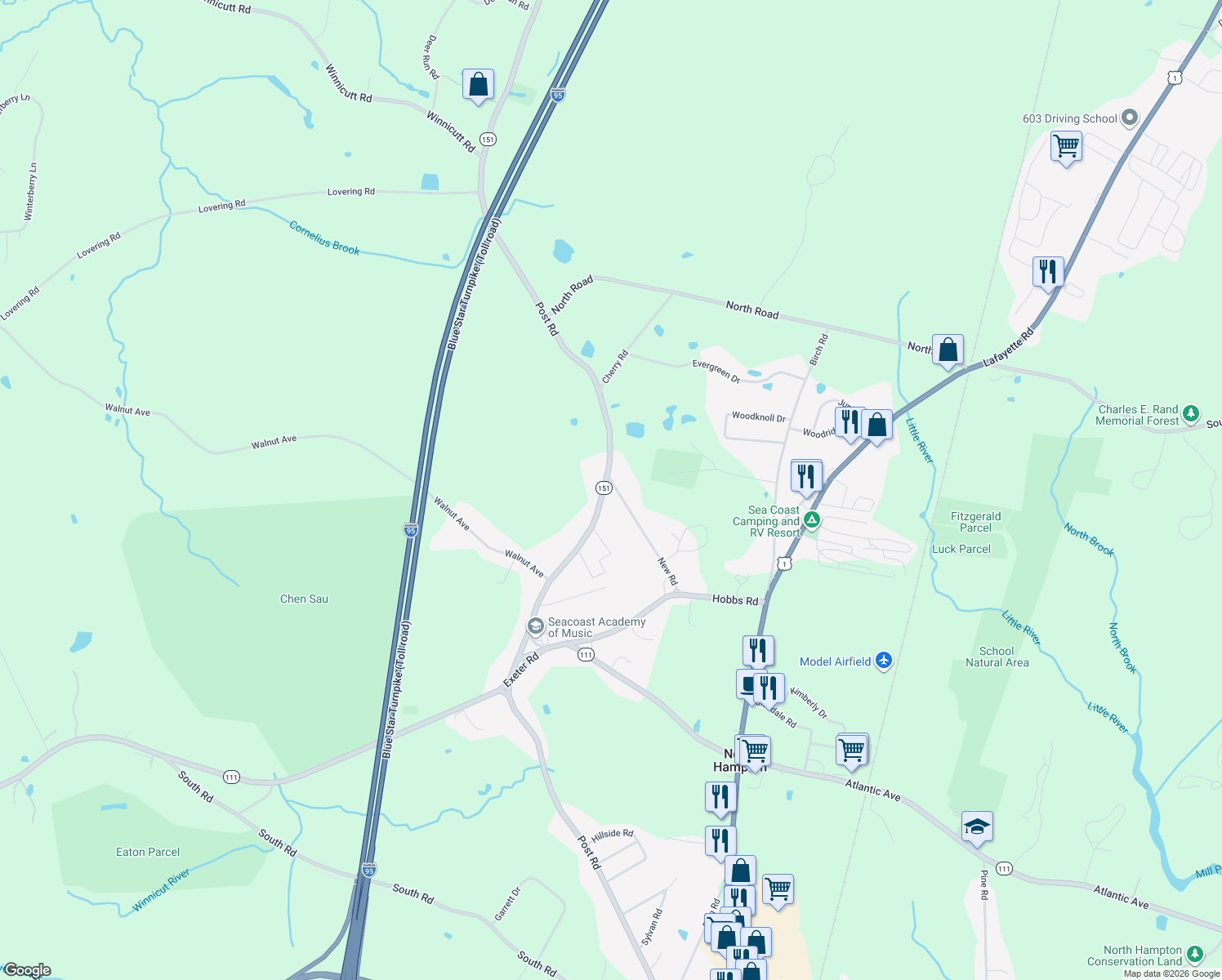 map of restaurants, bars, coffee shops, grocery stores, and more near 24 New Road in North Hampton