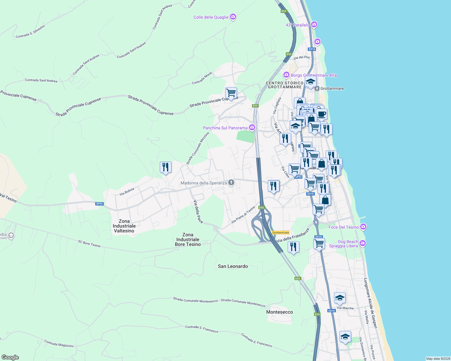 map of restaurants, bars, coffee shops, grocery stores, and more near 160 Strada Provinciale Val Tesino in Grottammare