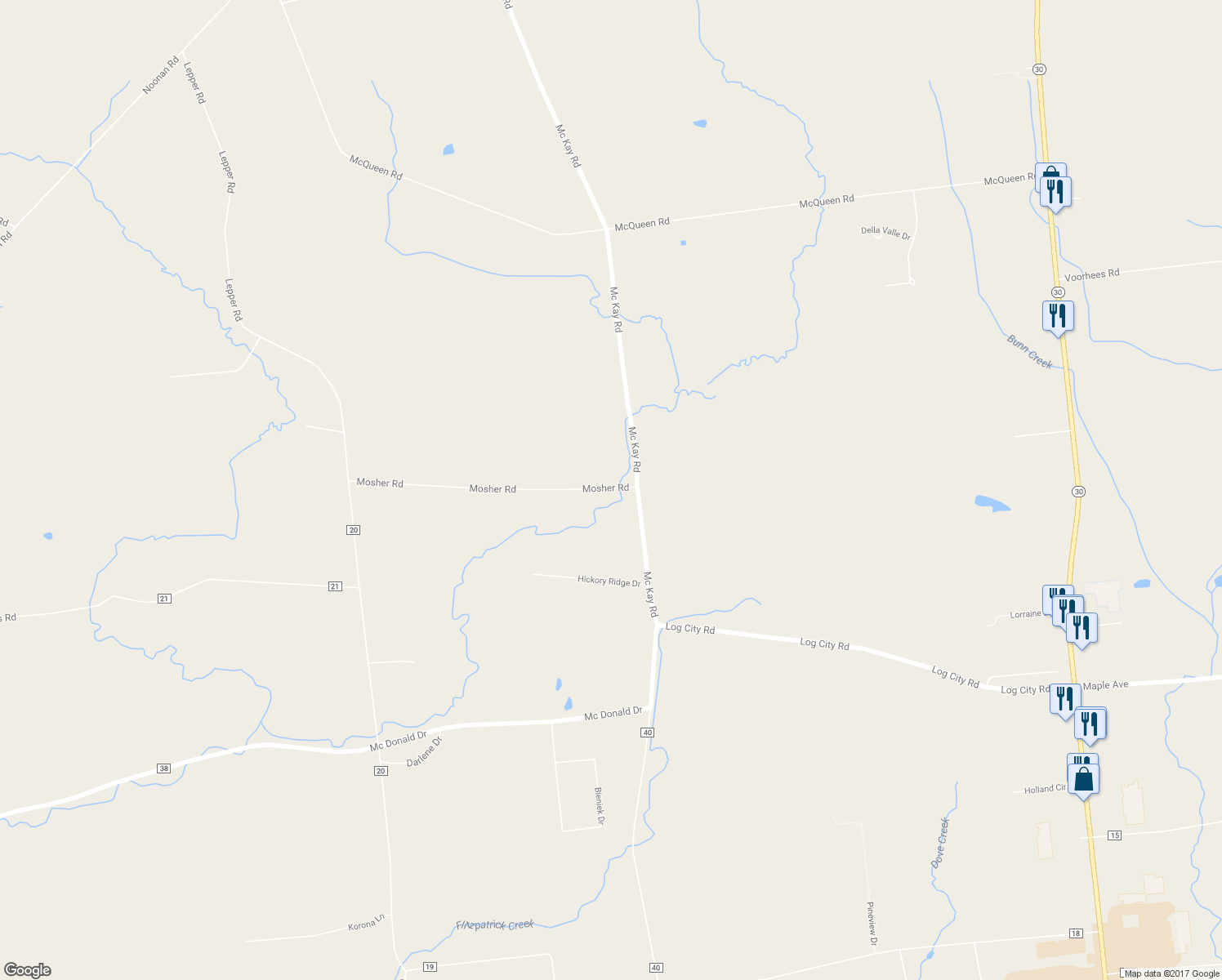 map of restaurants, bars, coffee shops, grocery stores, and more near 117 Mosher Road in Amsterdam