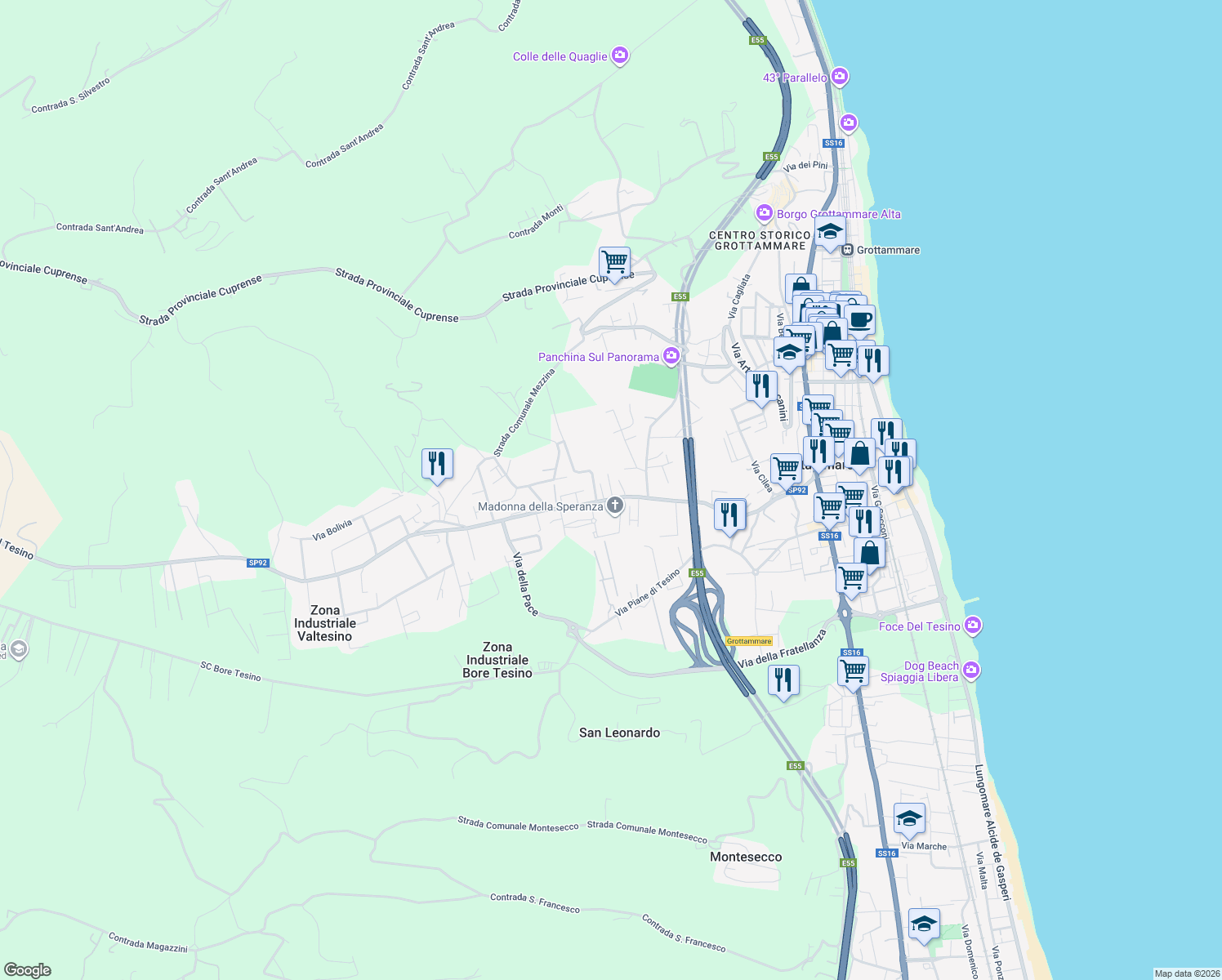 map of restaurants, bars, coffee shops, grocery stores, and more near 160 Strada Provinciale Val Tesino in Grottammare