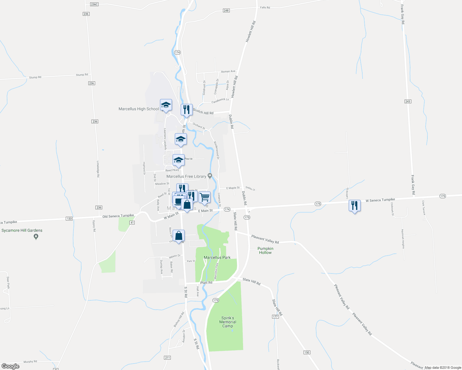 map of restaurants, bars, coffee shops, grocery stores, and more near 2525 East Maple Street in Marcellus