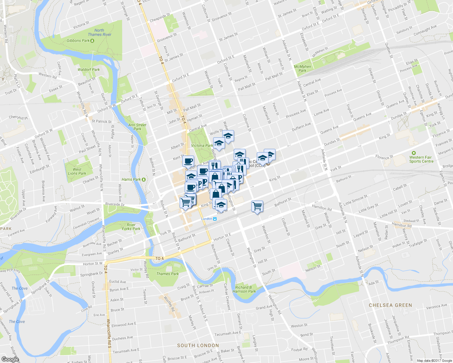 map of restaurants, bars, coffee shops, grocery stores, and more near 288 Dundas Street in London