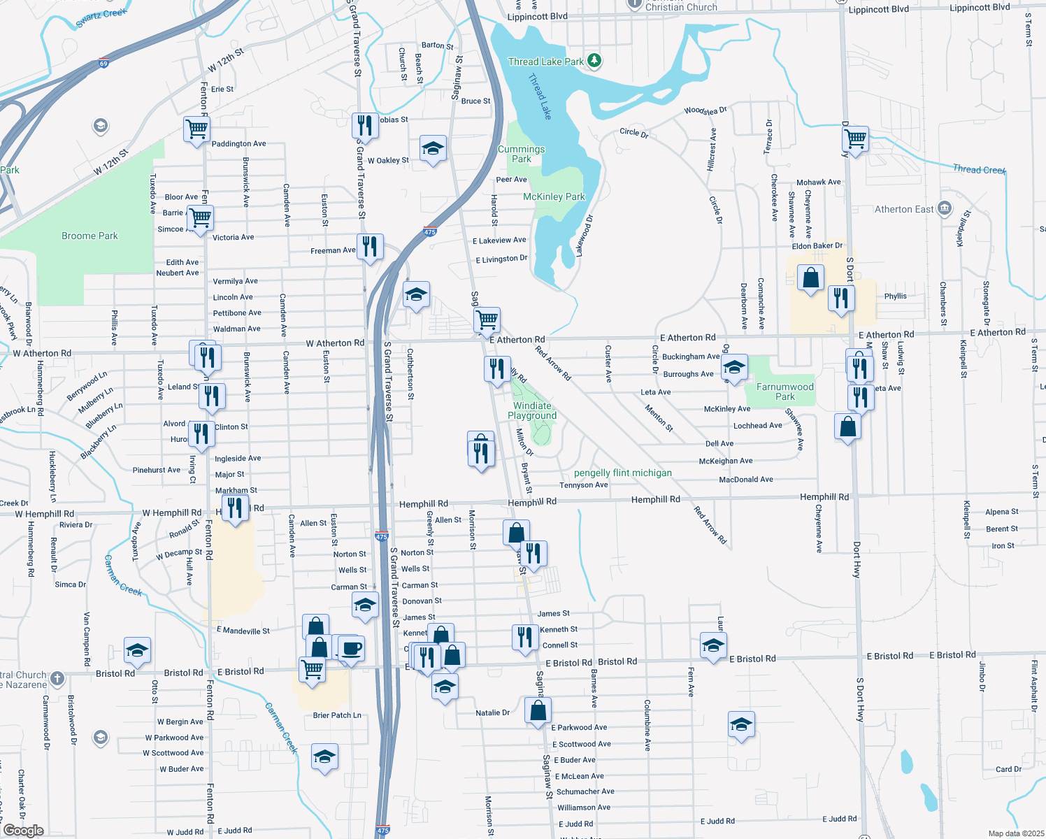 map of restaurants, bars, coffee shops, grocery stores, and more near 4217 Milton Drive in Flint