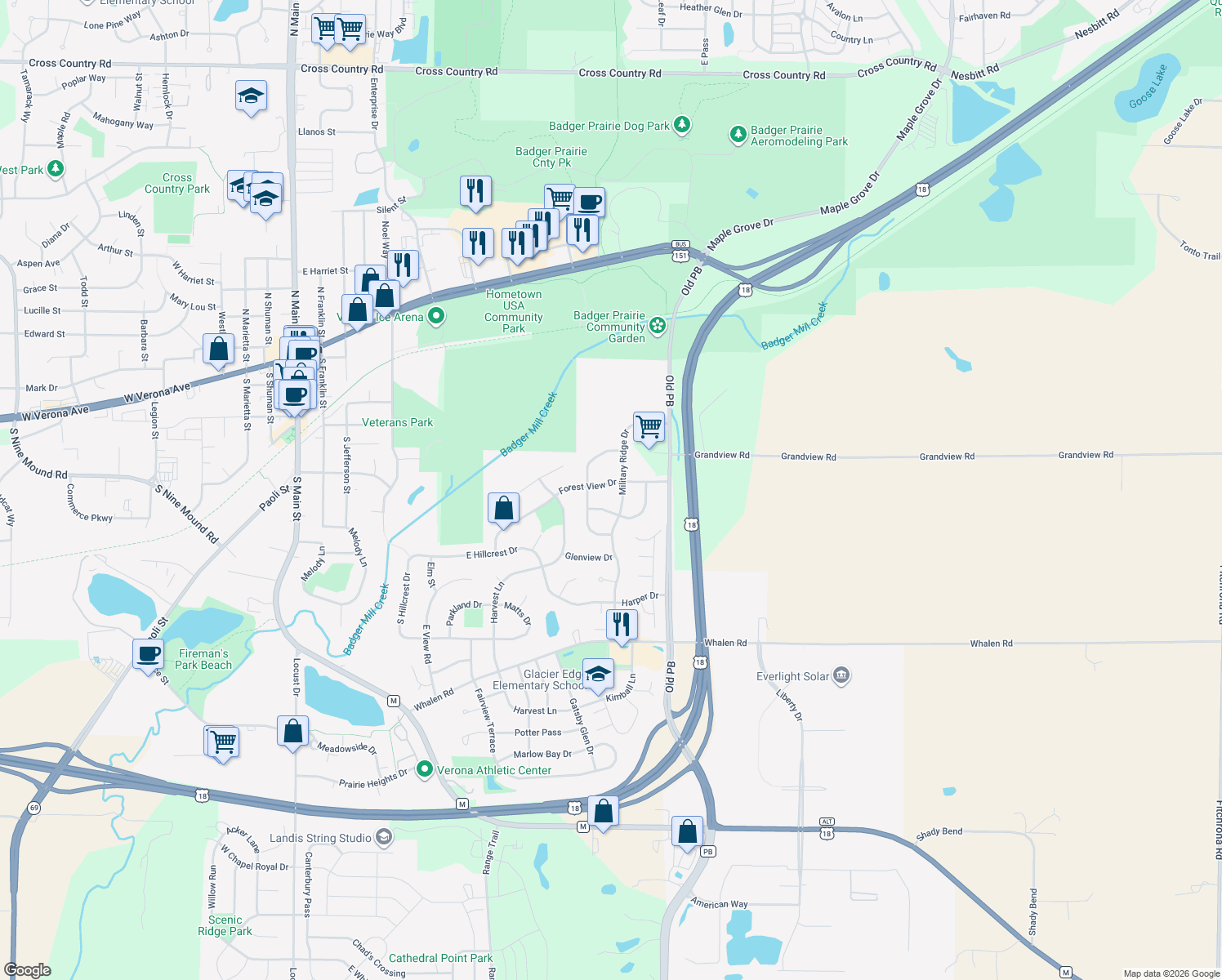 map of restaurants, bars, coffee shops, grocery stores, and more near 839 Forest View Drive in Verona