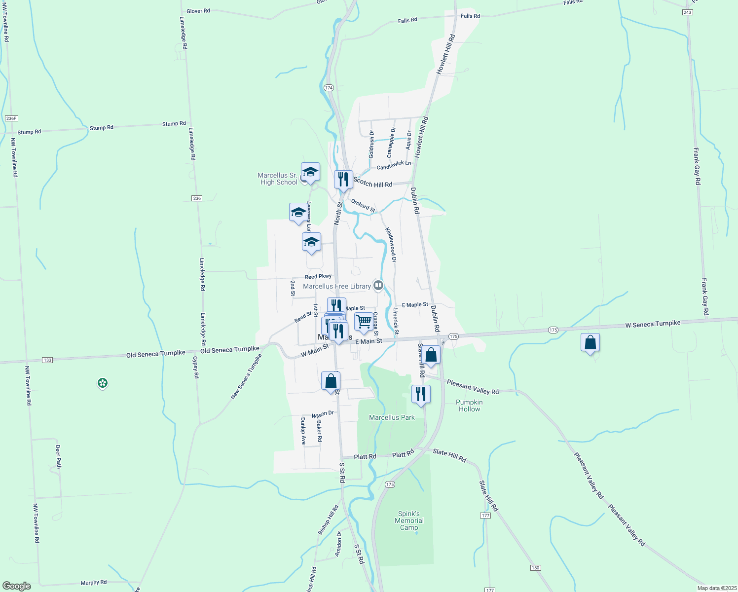 map of restaurants, bars, coffee shops, grocery stores, and more near 16 Chrisler Street in Marcellus