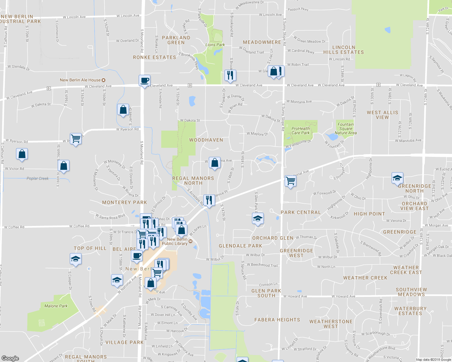 map of restaurants, bars, coffee shops, grocery stores, and more near 3257 South 146th Street in New Berlin