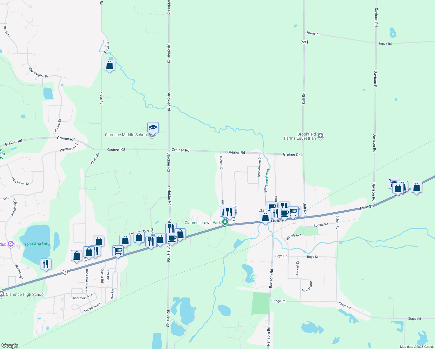 map of restaurants, bars, coffee shops, grocery stores, and more near 5150 Hillcrest Dr in Clarence