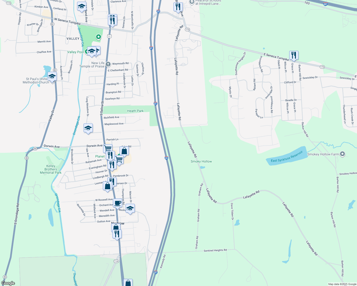 map of restaurants, bars, coffee shops, grocery stores, and more near 4421 Lafayette Rd in Jamesville