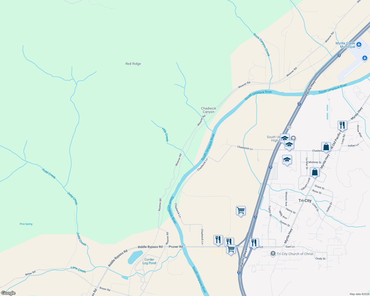 map of restaurants, bars, coffee shops, grocery stores, and more near 2870 Weaver Road in Myrtle Creek