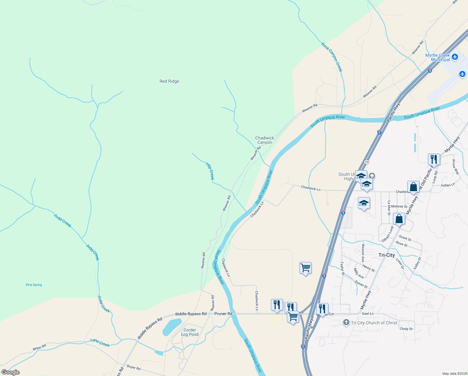 map of restaurants, bars, coffee shops, grocery stores, and more near 2870 Weaver Road in Myrtle Creek