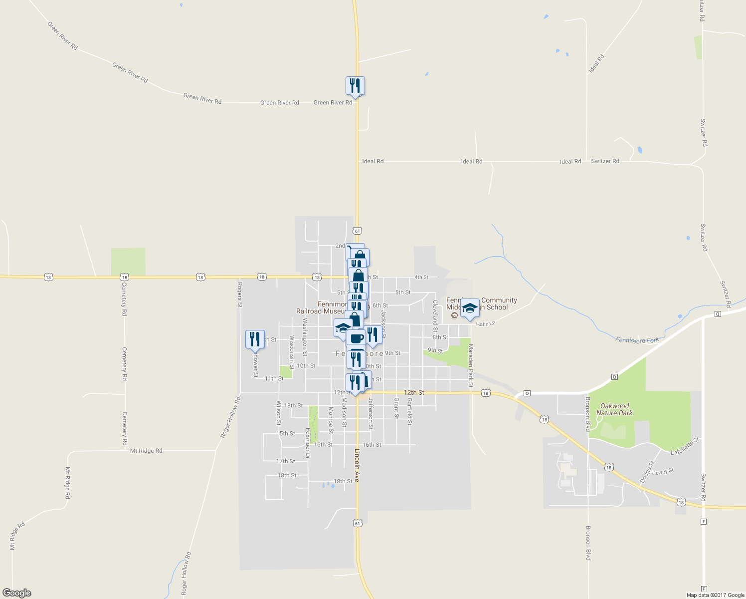 map of restaurants, bars, coffee shops, grocery stores, and more near 555 Jefferson Street in Fennimore