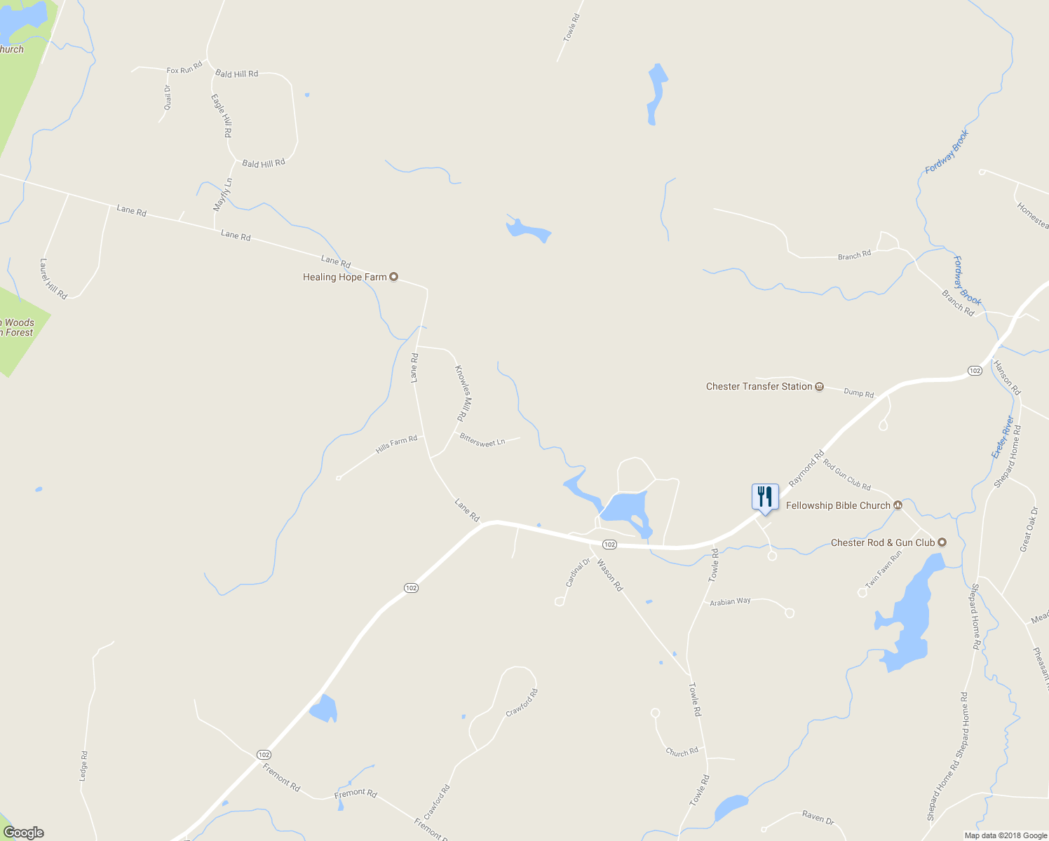 map of restaurants, bars, coffee shops, grocery stores, and more near 58 Bittersweet Lane in Chester