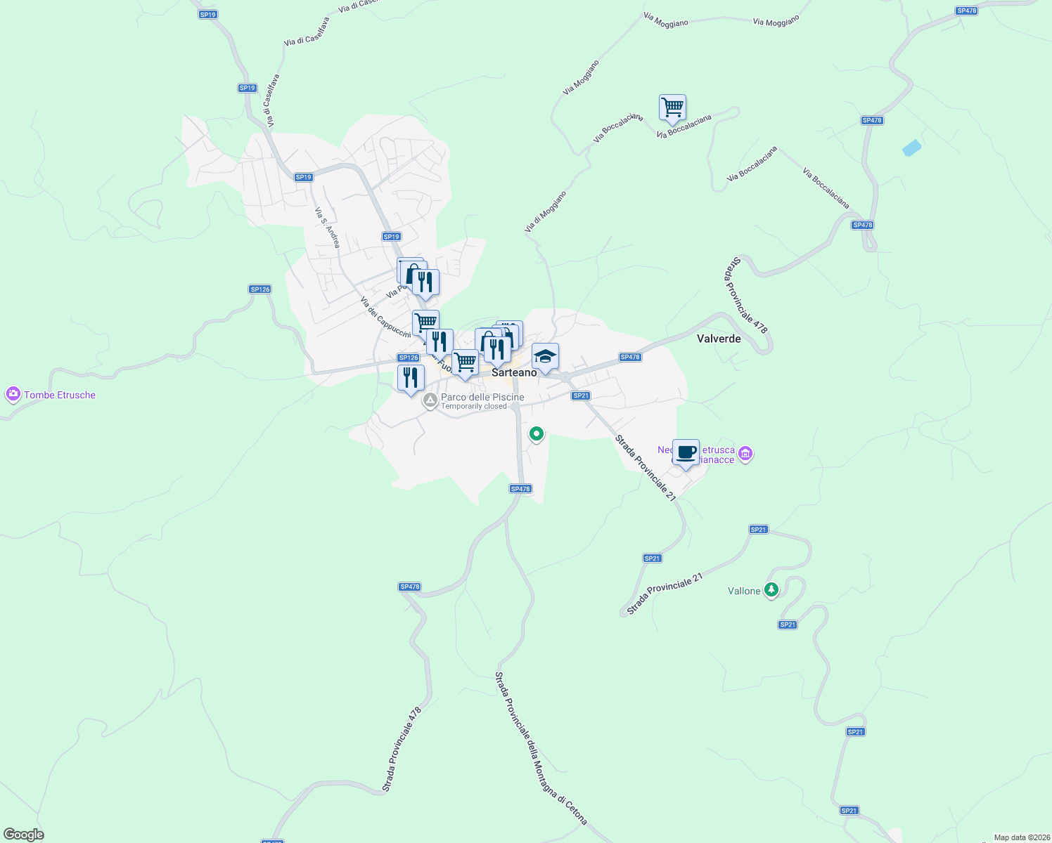 map of restaurants, bars, coffee shops, grocery stores, and more near 23 Viale Amiata in Sarteano