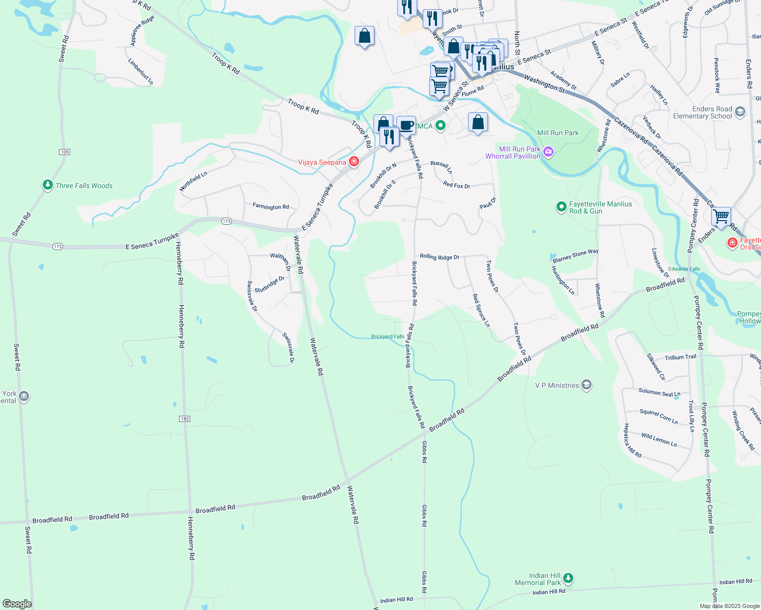 map of restaurants, bars, coffee shops, grocery stores, and more near 7705 Farley Ln in Manlius