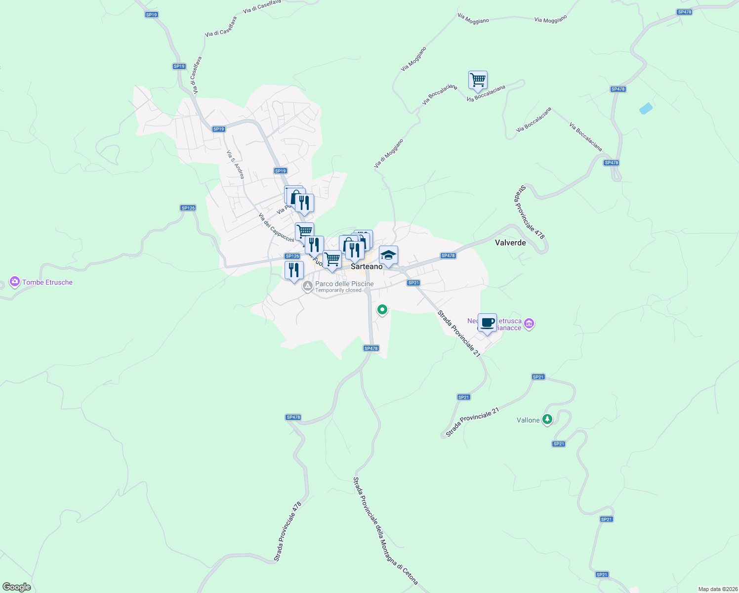 map of restaurants, bars, coffee shops, grocery stores, and more near 23 Viale Amiata in Sarteano
