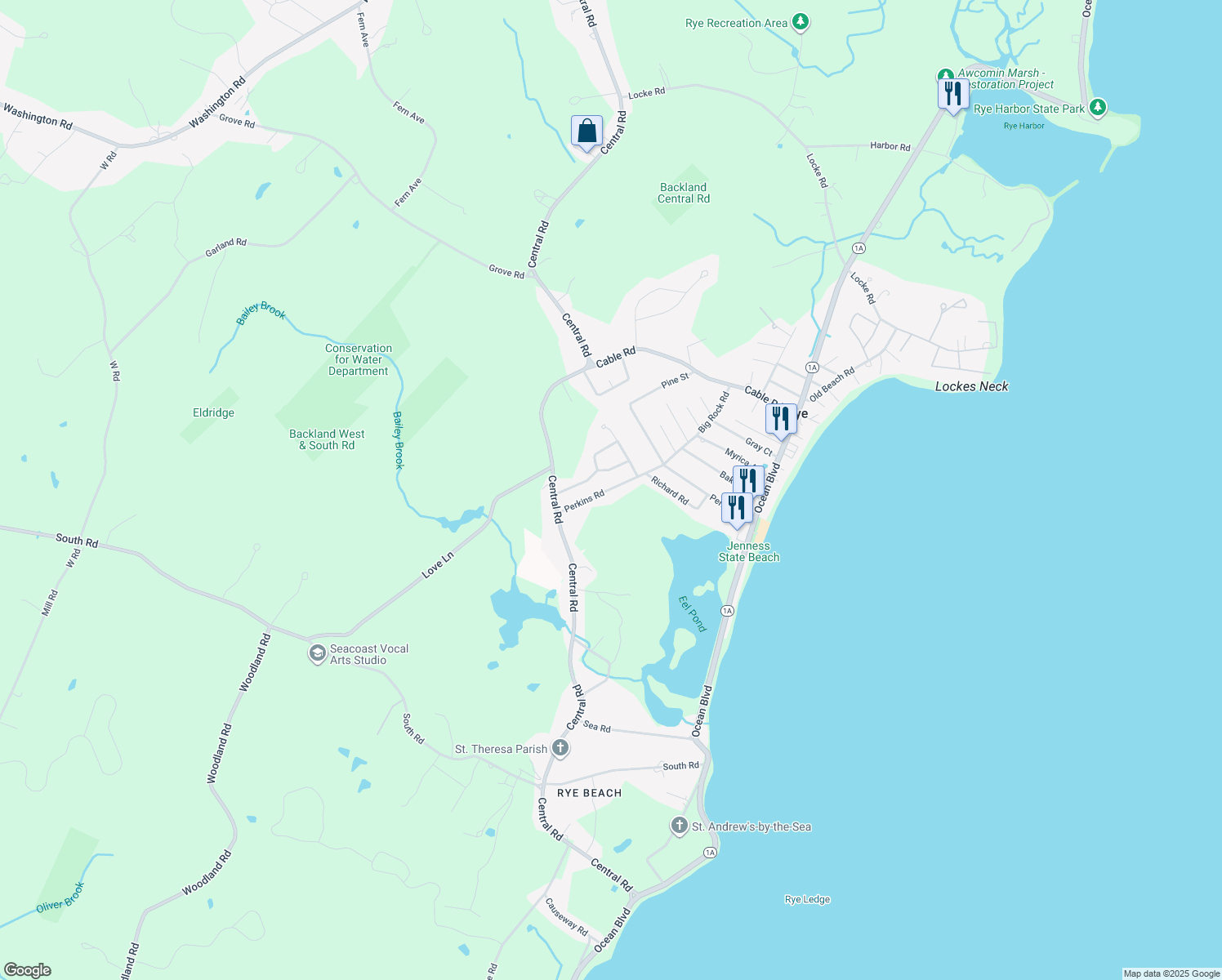 map of restaurants, bars, coffee shops, grocery stores, and more near 120 Perkins Road in Rye