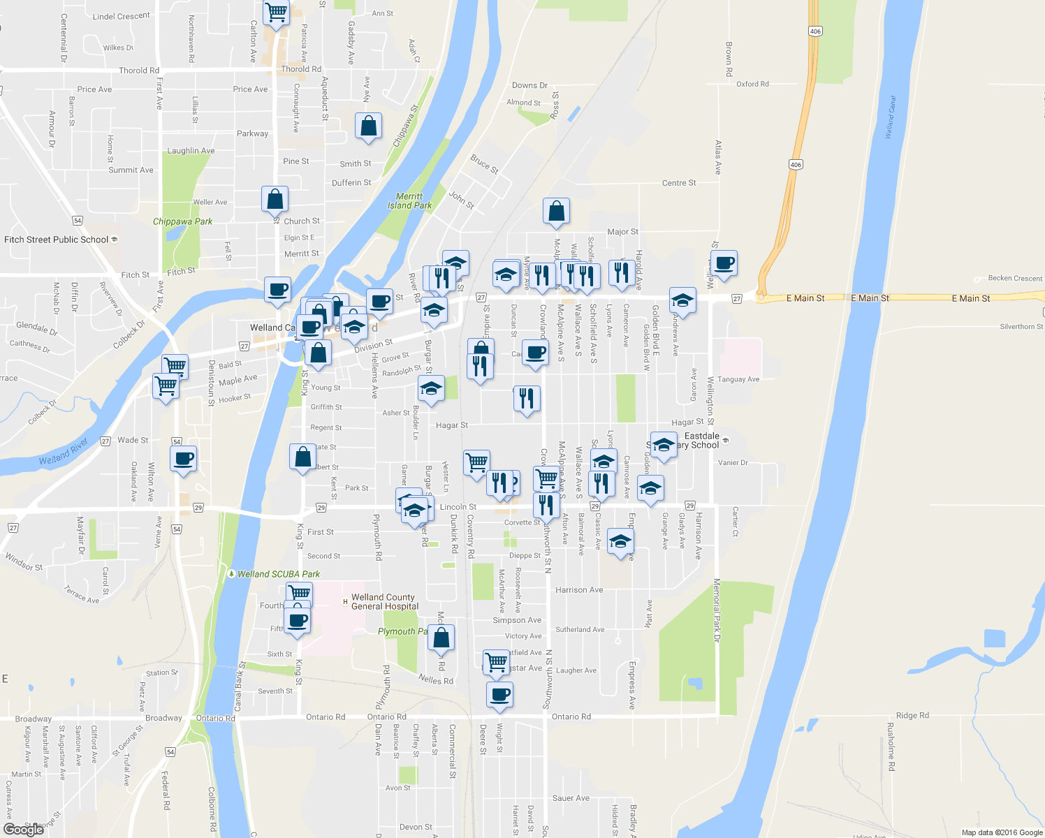 map of restaurants, bars, coffee shops, grocery stores, and more near 158 Hagar Street in Welland