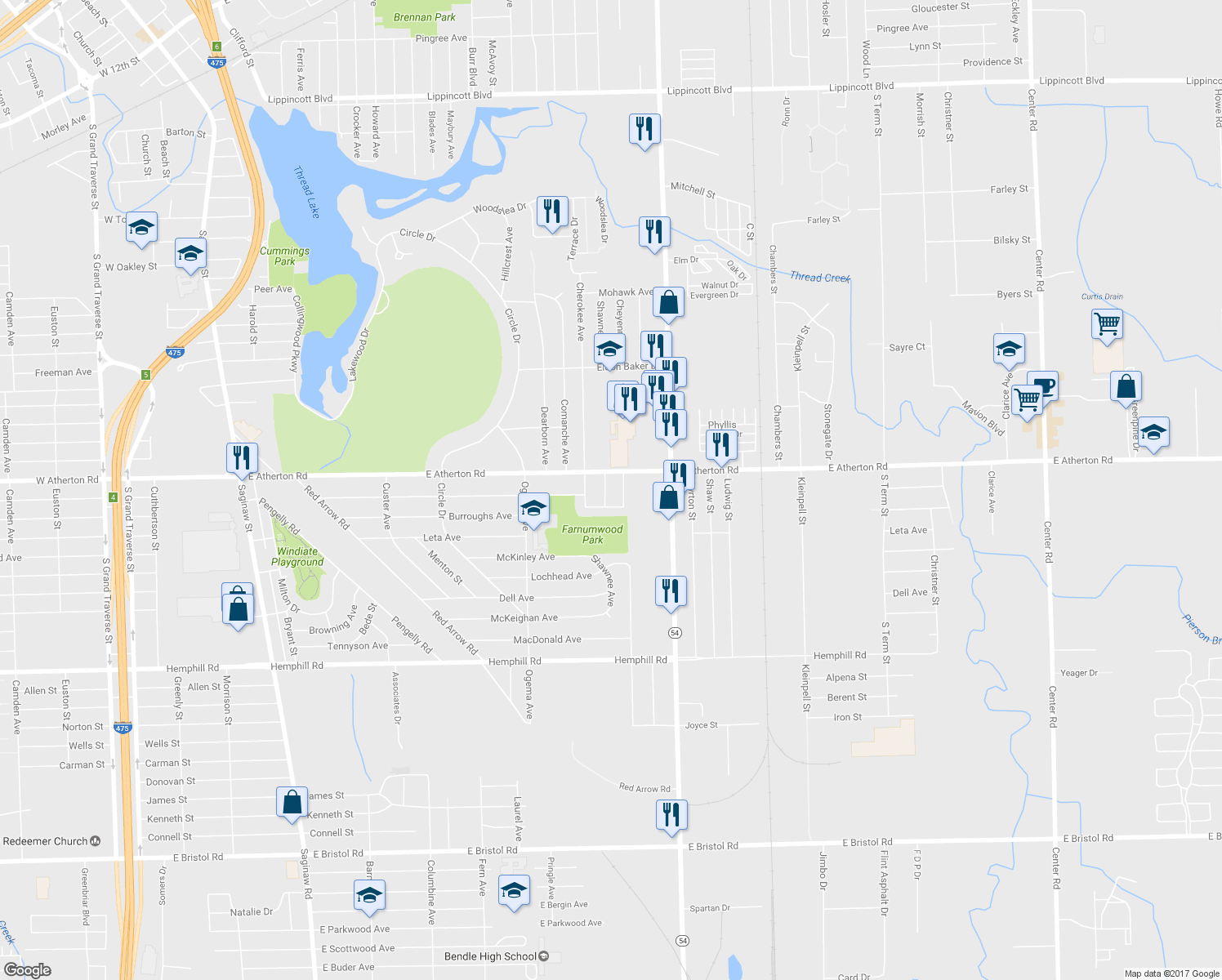 map of restaurants, bars, coffee shops, grocery stores, and more near 3813 Shawnee Avenue in Flint
