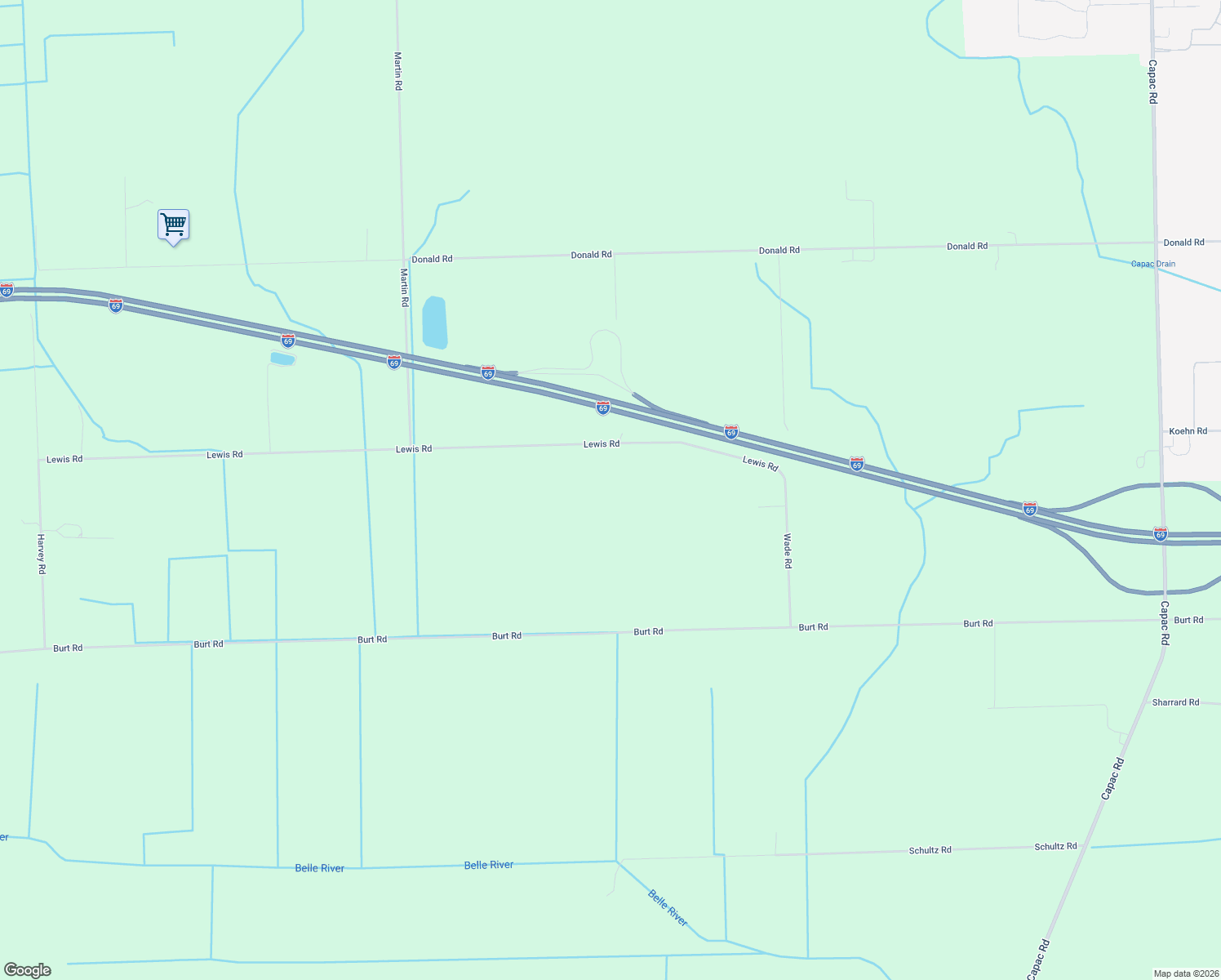 map of restaurants, bars, coffee shops, grocery stores, and more near 15775 Lewis Road in Capac