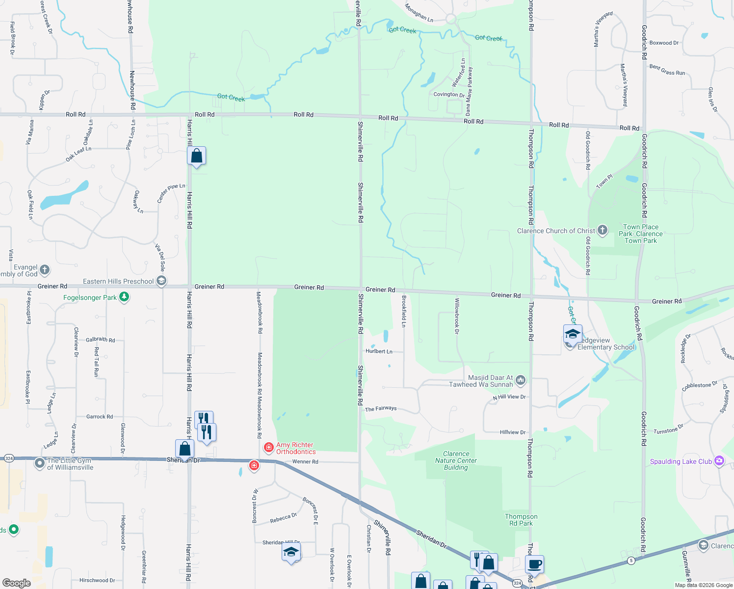 map of restaurants, bars, coffee shops, grocery stores, and more near 5241 Shimerville Rd in Clarence