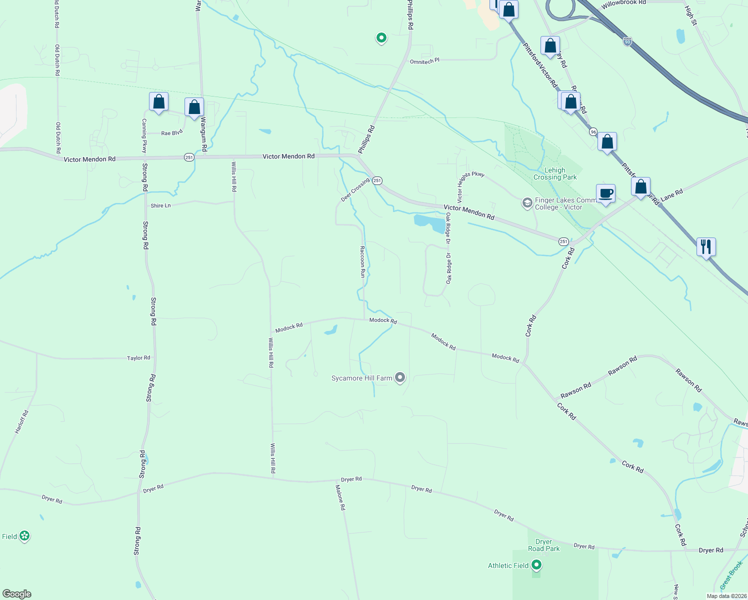 map of restaurants, bars, coffee shops, grocery stores, and more near 1005 Raccoon Run in Victor