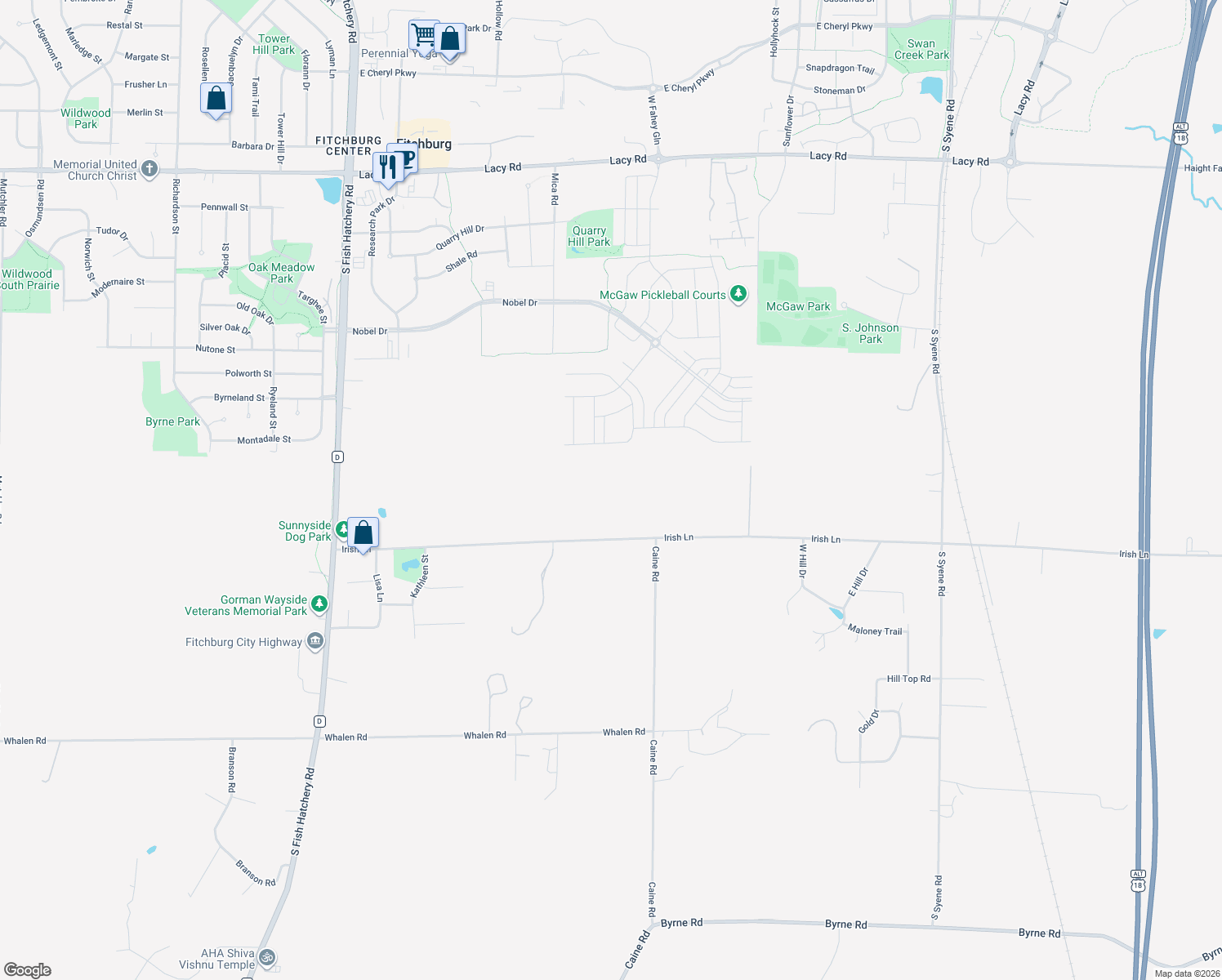 map of restaurants, bars, coffee shops, grocery stores, and more near 5370 Irish Lane in Fitchburg