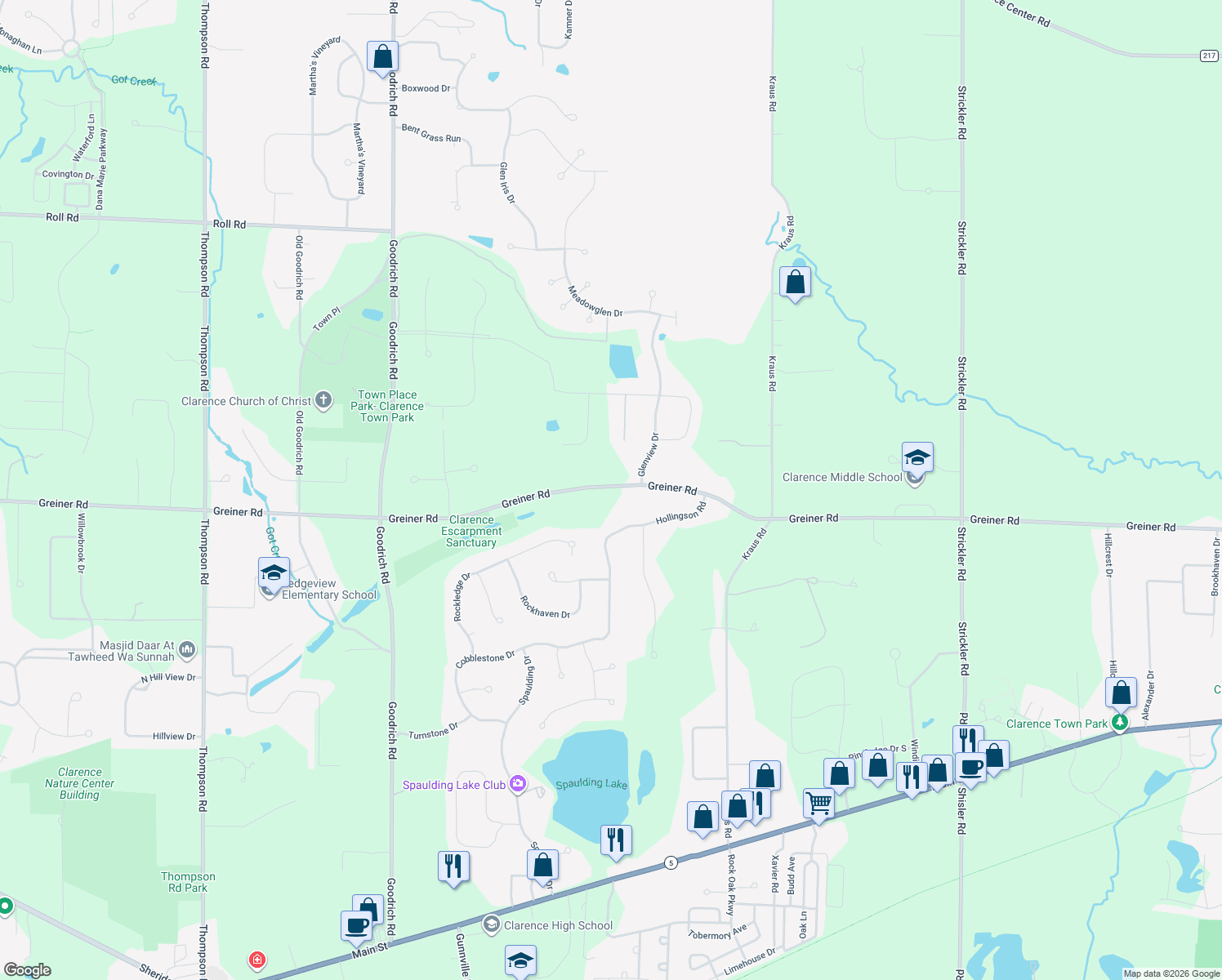 map of restaurants, bars, coffee shops, grocery stores, and more near 9770 Greiner Road in Clarence