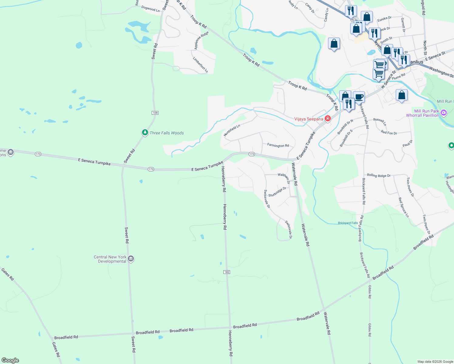 map of restaurants, bars, coffee shops, grocery stores, and more near 7516 Travertine Place in Manlius