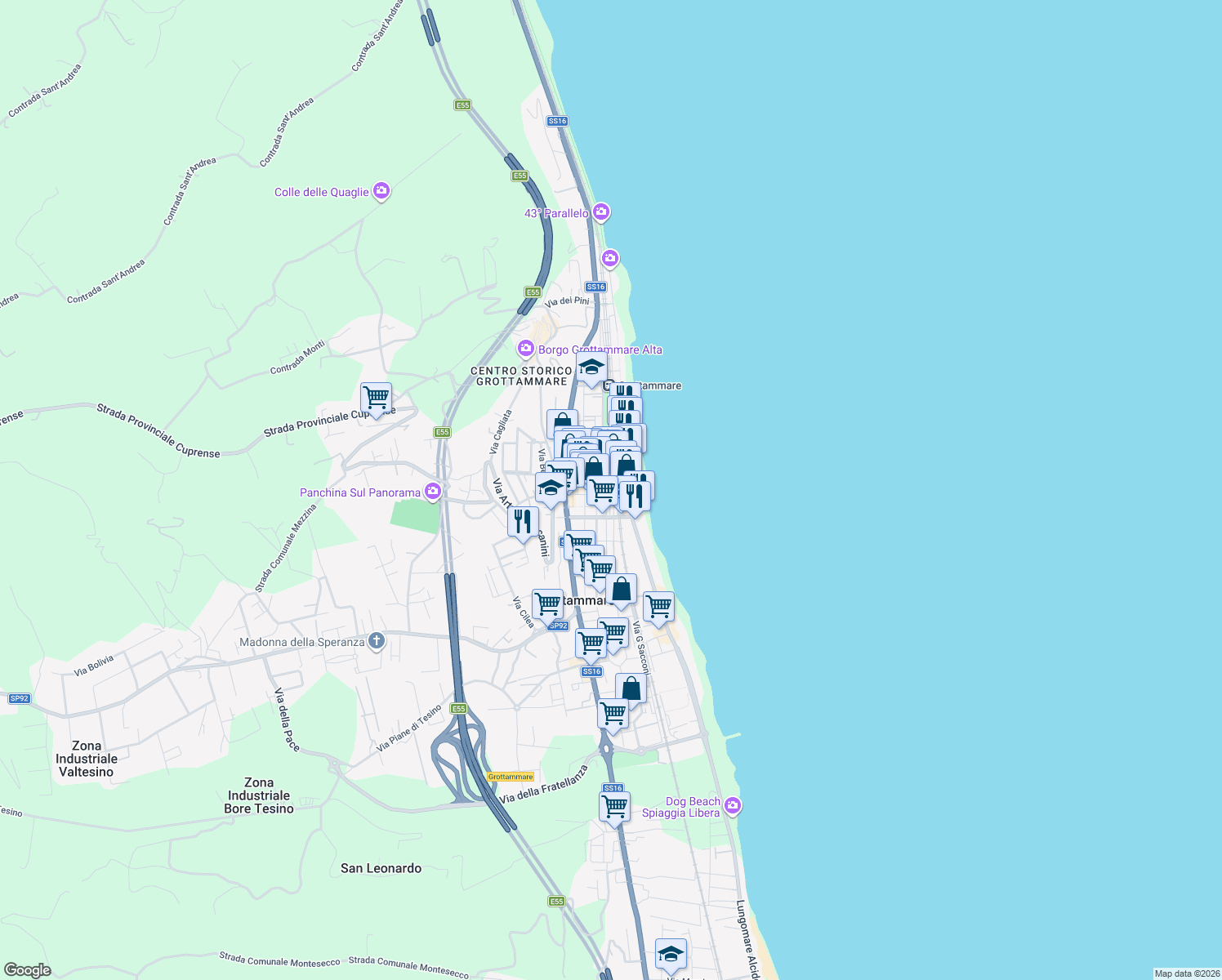 map of restaurants, bars, coffee shops, grocery stores, and more near 7 Via Giacomo Leopardi in Grottammare