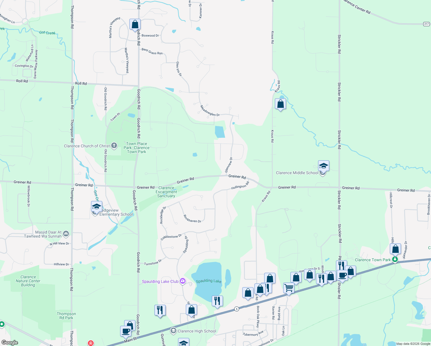 map of restaurants, bars, coffee shops, grocery stores, and more near 9770 Greiner Road in Clarence