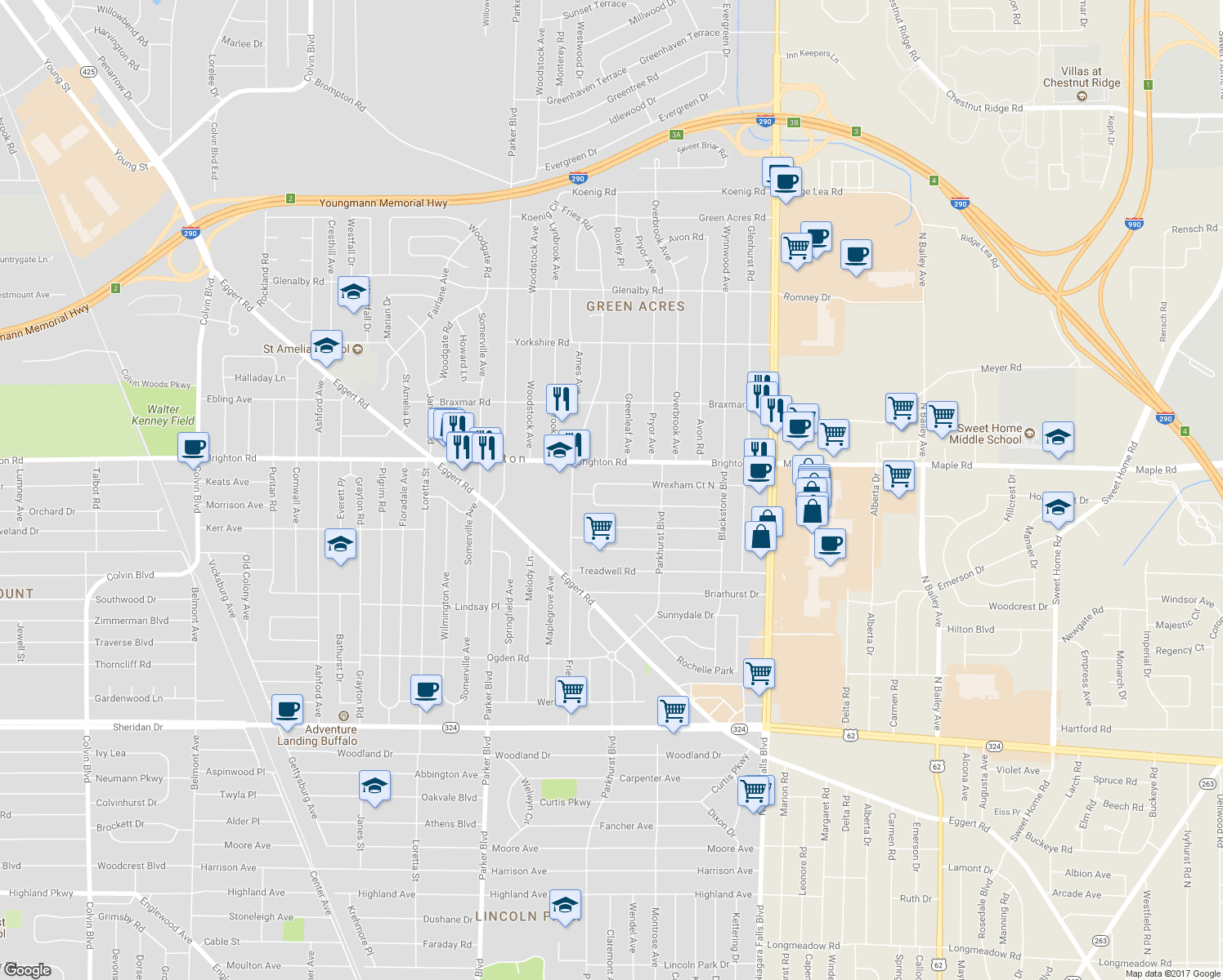 map of restaurants, bars, coffee shops, grocery stores, and more near 330 Wrexham Court North in Tonawanda