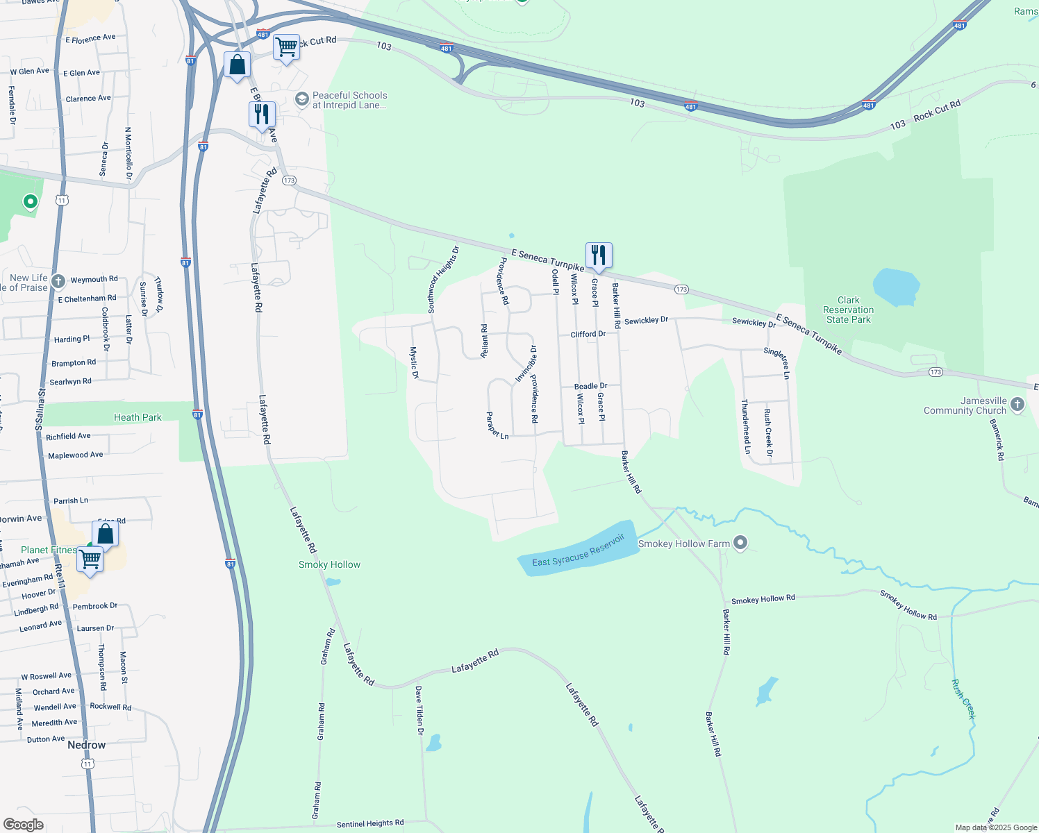 map of restaurants, bars, coffee shops, grocery stores, and more near 5889 Invincible Dr in Jamesville