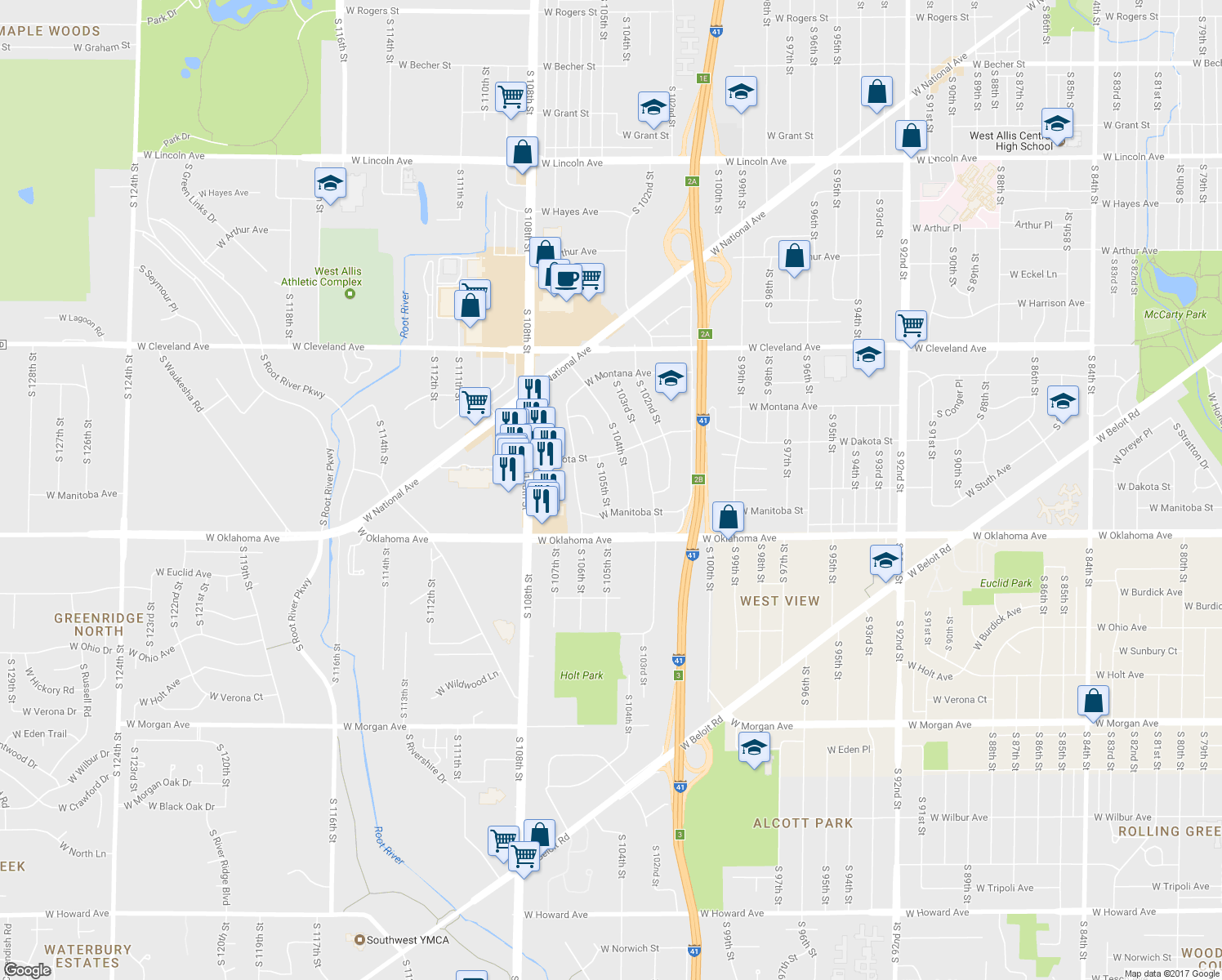 map of restaurants, bars, coffee shops, grocery stores, and more near 2960 South 105th Street in West Allis