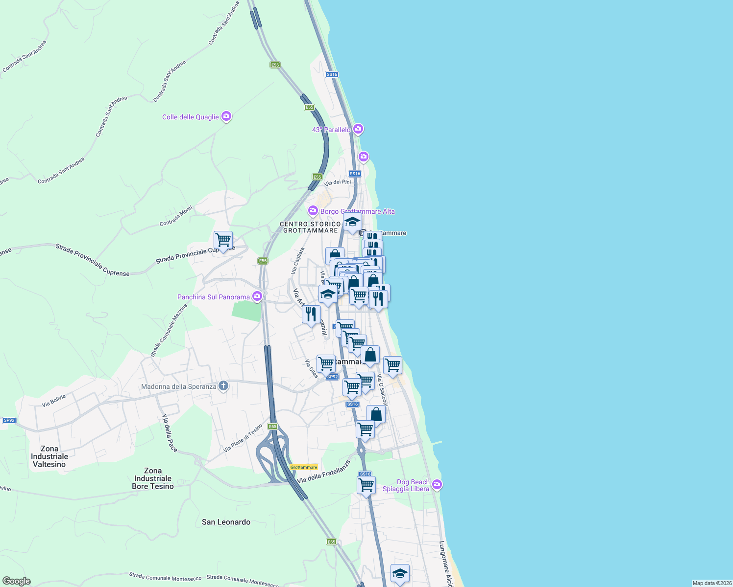 map of restaurants, bars, coffee shops, grocery stores, and more near 7 Via Giacomo Leopardi in Grottammare