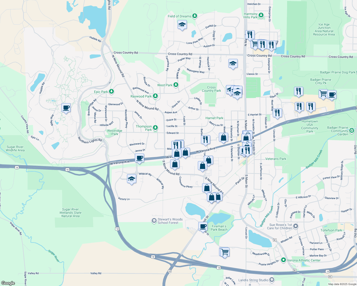 map of restaurants, bars, coffee shops, grocery stores, and more near 204 Todd St in Verona