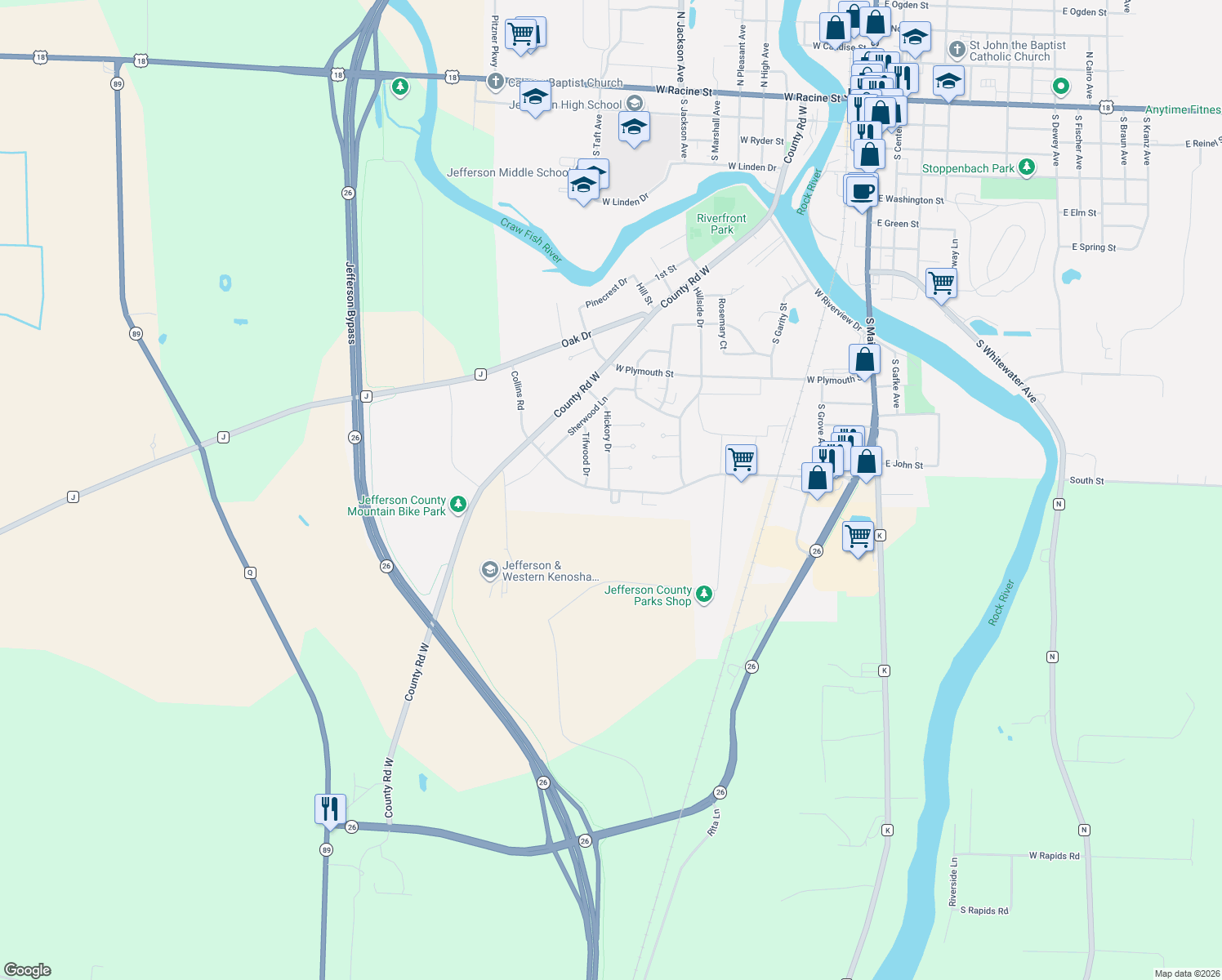 map of restaurants, bars, coffee shops, grocery stores, and more near 612 Collins Road in Jefferson