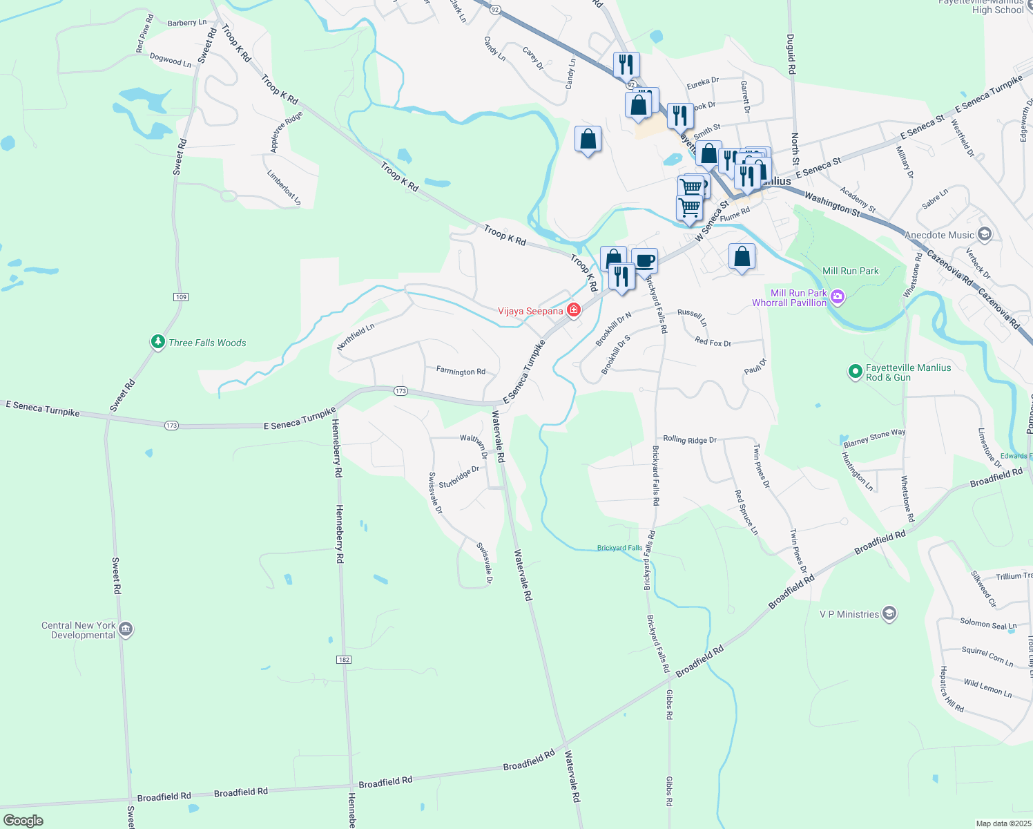 map of restaurants, bars, coffee shops, grocery stores, and more near 7674 Pinebluff Circle in Manlius