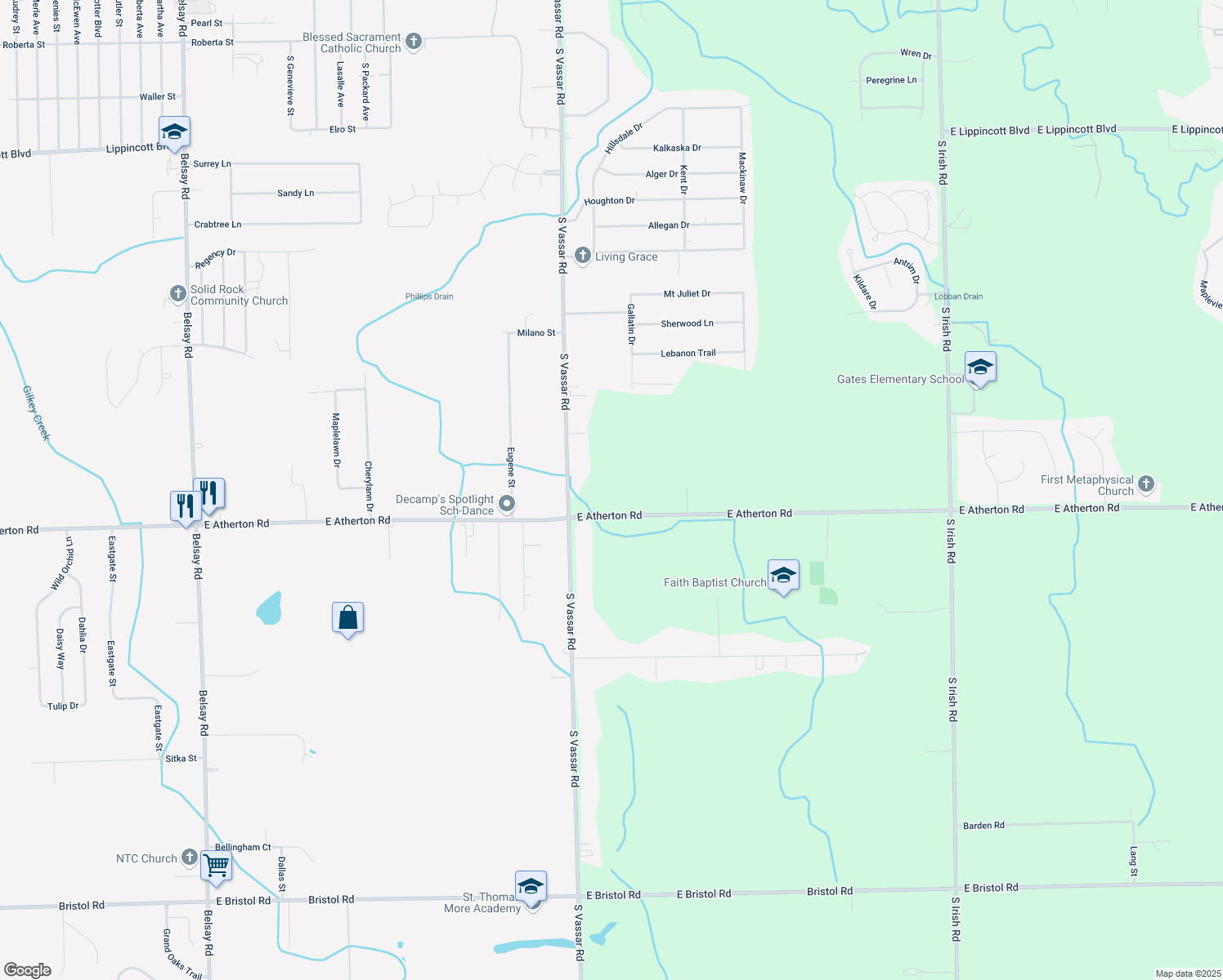map of restaurants, bars, coffee shops, grocery stores, and more near 7063 East Atherton Road in Davison