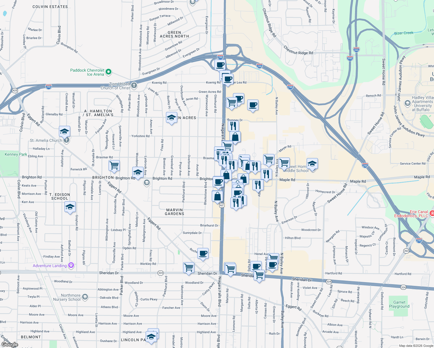 map of restaurants, bars, coffee shops, grocery stores, and more near 17 Glenhurst Rd in Tonawanda