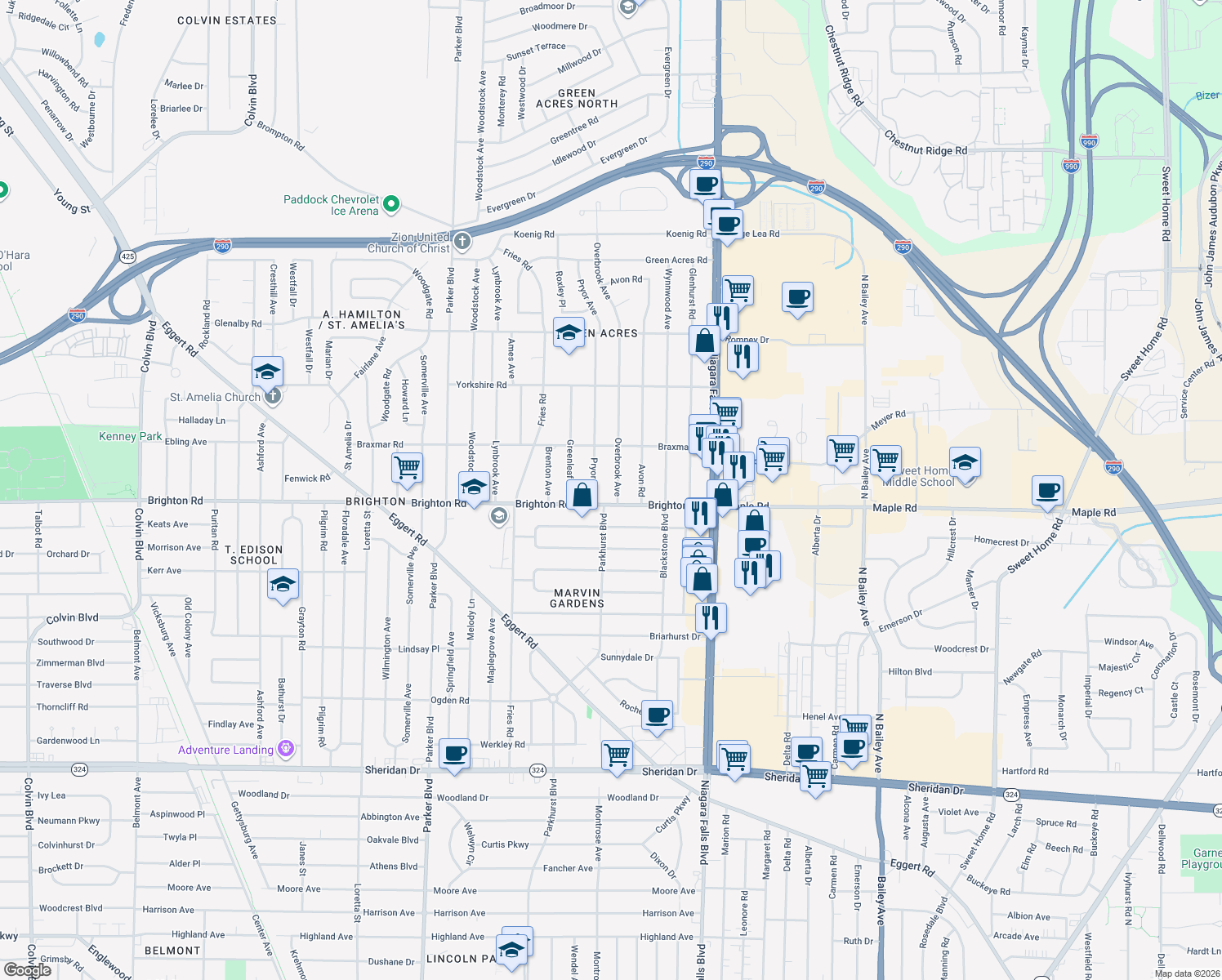 map of restaurants, bars, coffee shops, grocery stores, and more near 18 Overbrook Avenue in Tonawanda