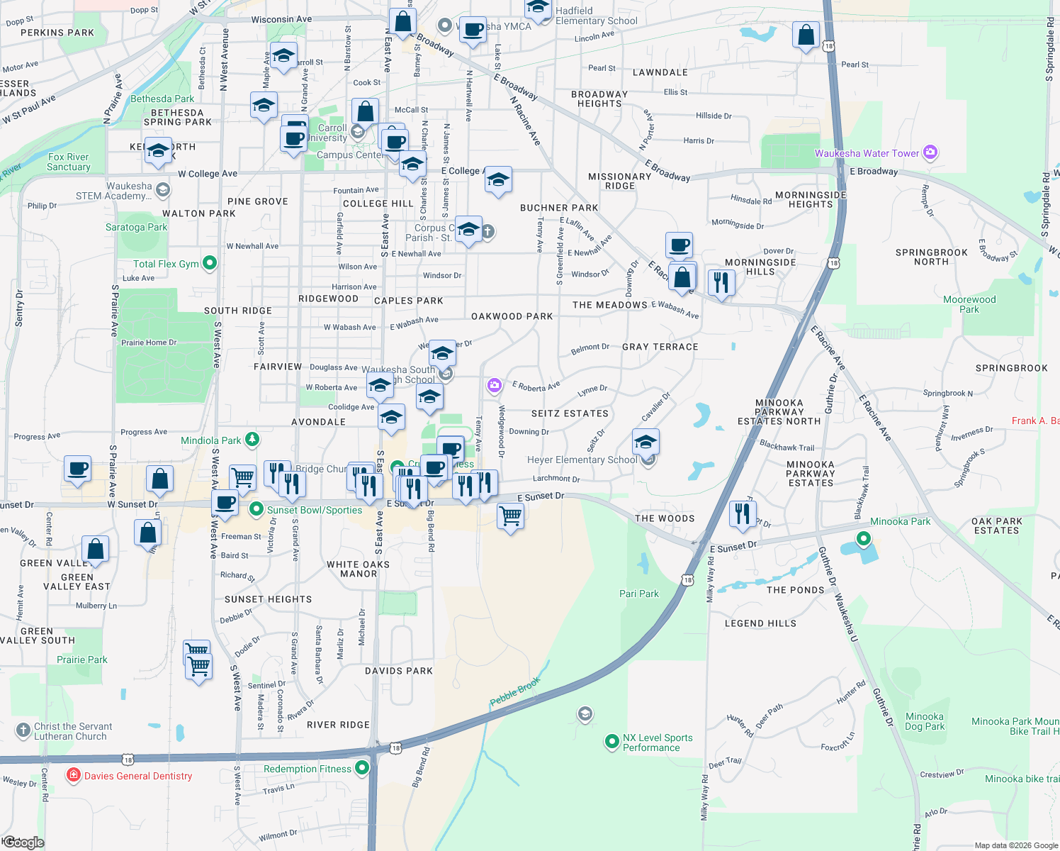 map of restaurants, bars, coffee shops, grocery stores, and more near 1208 Downing Drive in Waukesha