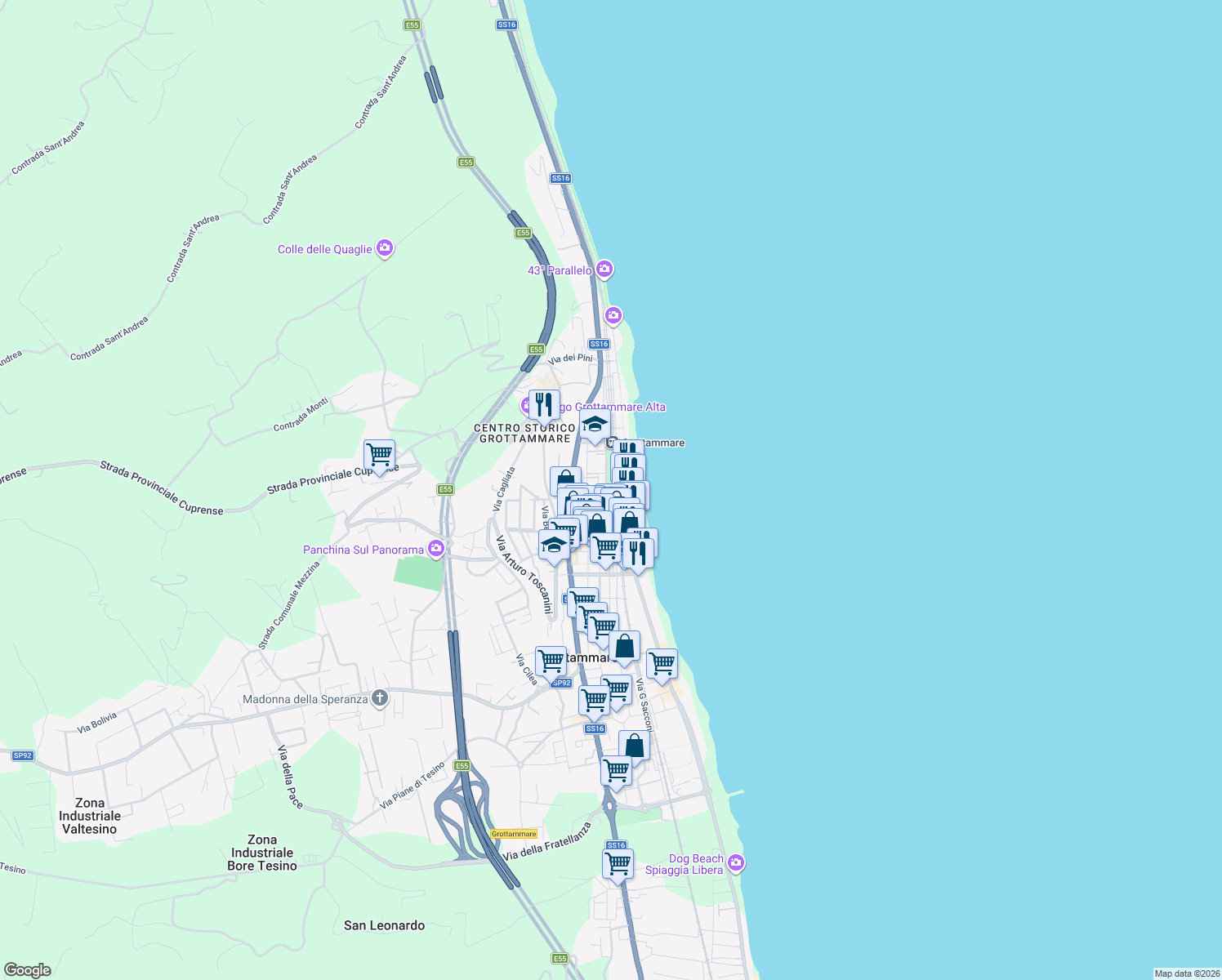 map of restaurants, bars, coffee shops, grocery stores, and more near 46 Via Roma in Grottammare