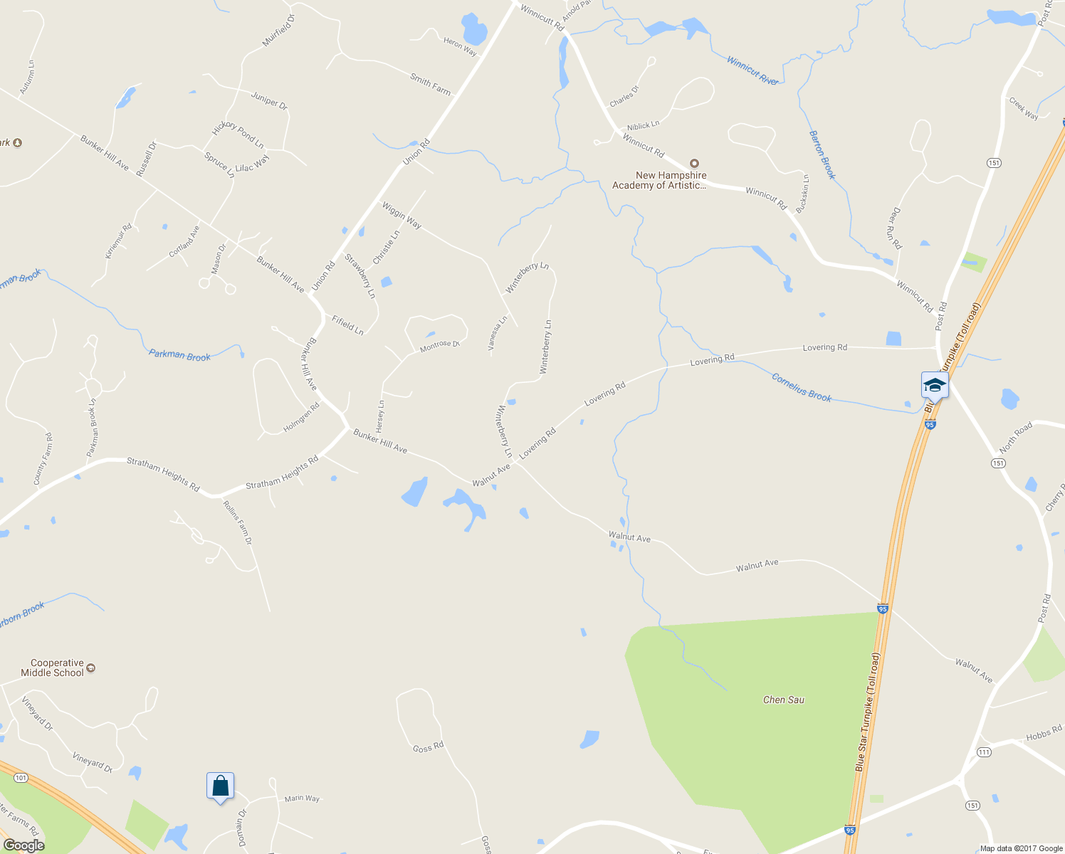 map of restaurants, bars, coffee shops, grocery stores, and more near 89 Lovering Road in North Hampton