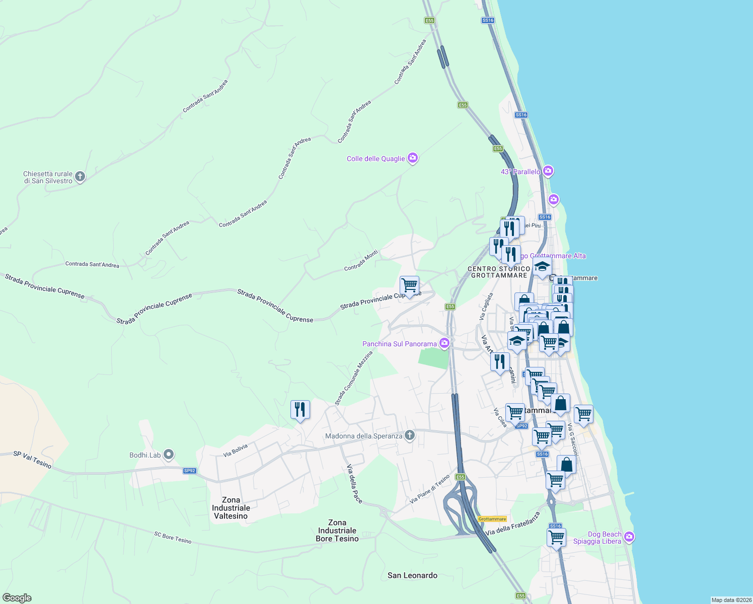 map of restaurants, bars, coffee shops, grocery stores, and more near 84 Strada Provinciale Cuprense in Grottammare