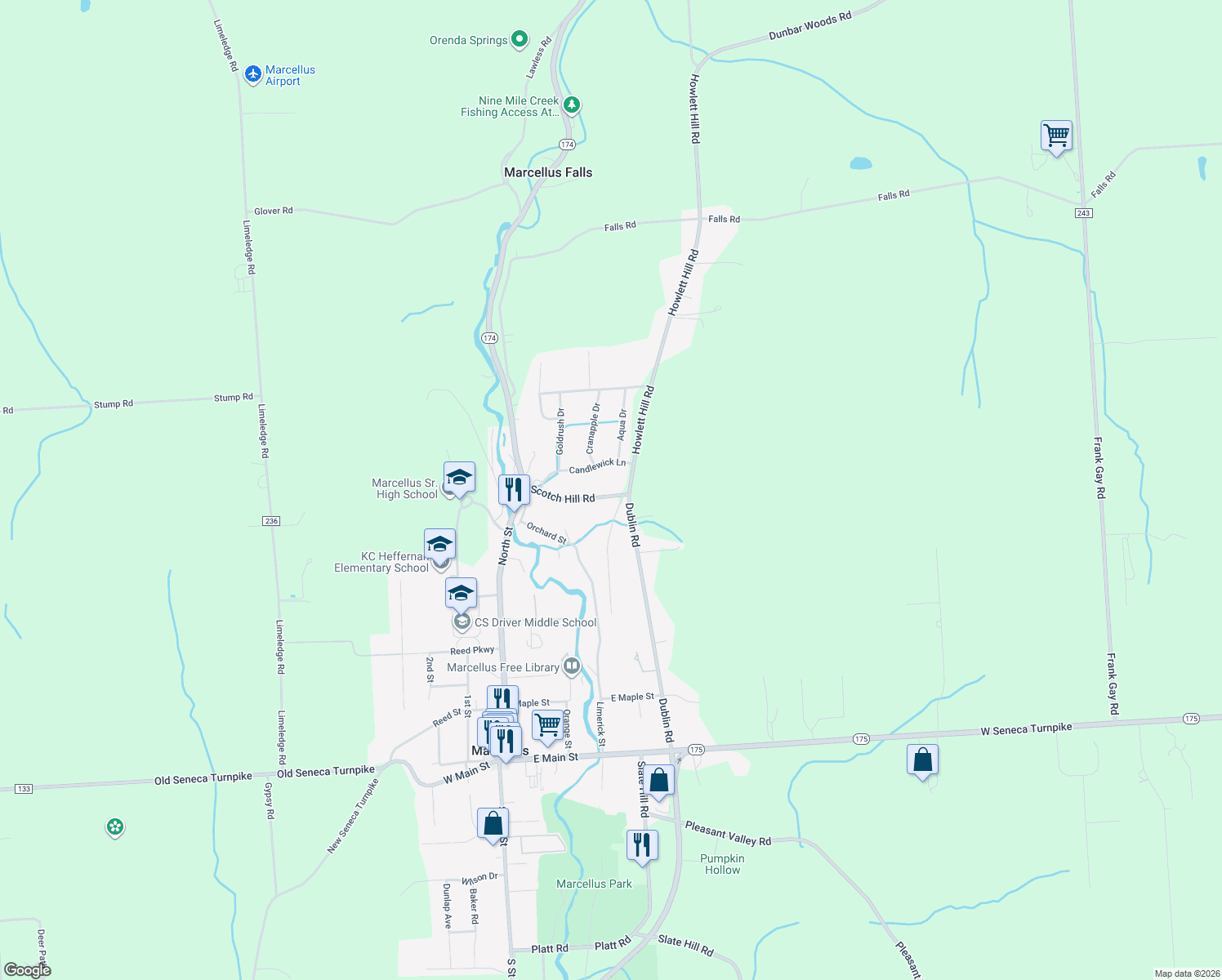 map of restaurants, bars, coffee shops, grocery stores, and more near 2509 Scotch Hill Road in Marcellus