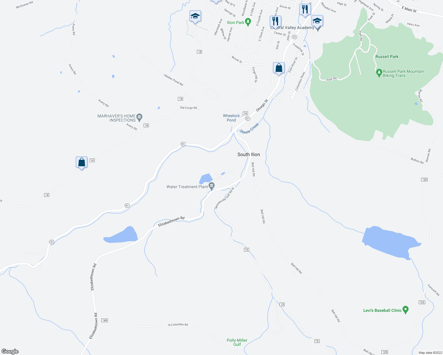 map of restaurants, bars, coffee shops, grocery stores, and more near Ilion Water Dept Reservoir in Herkimer