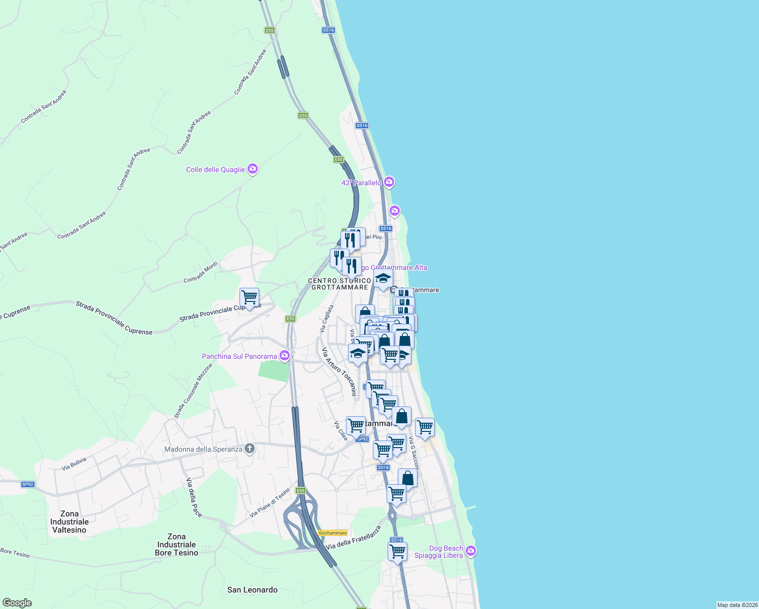 map of restaurants, bars, coffee shops, grocery stores, and more near 110 Via Fratelli Cairoli in Grottammare