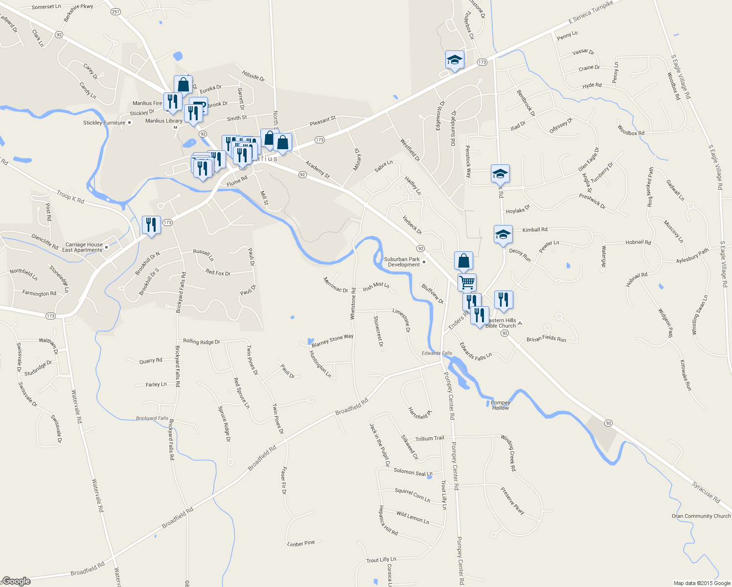 map of restaurants, bars, coffee shops, grocery stores, and more near 8064 Irish Mist Lane in Manlius