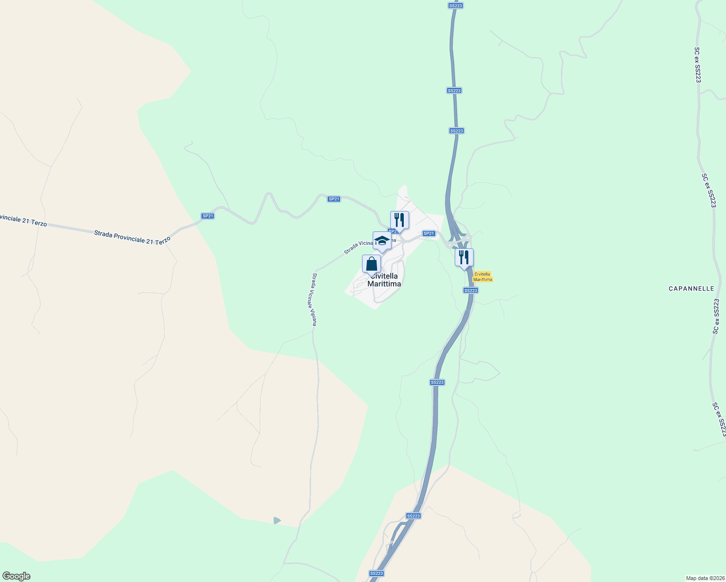 map of restaurants, bars, coffee shops, grocery stores, and more near 24 Via del Gioco in Civitella Marittima